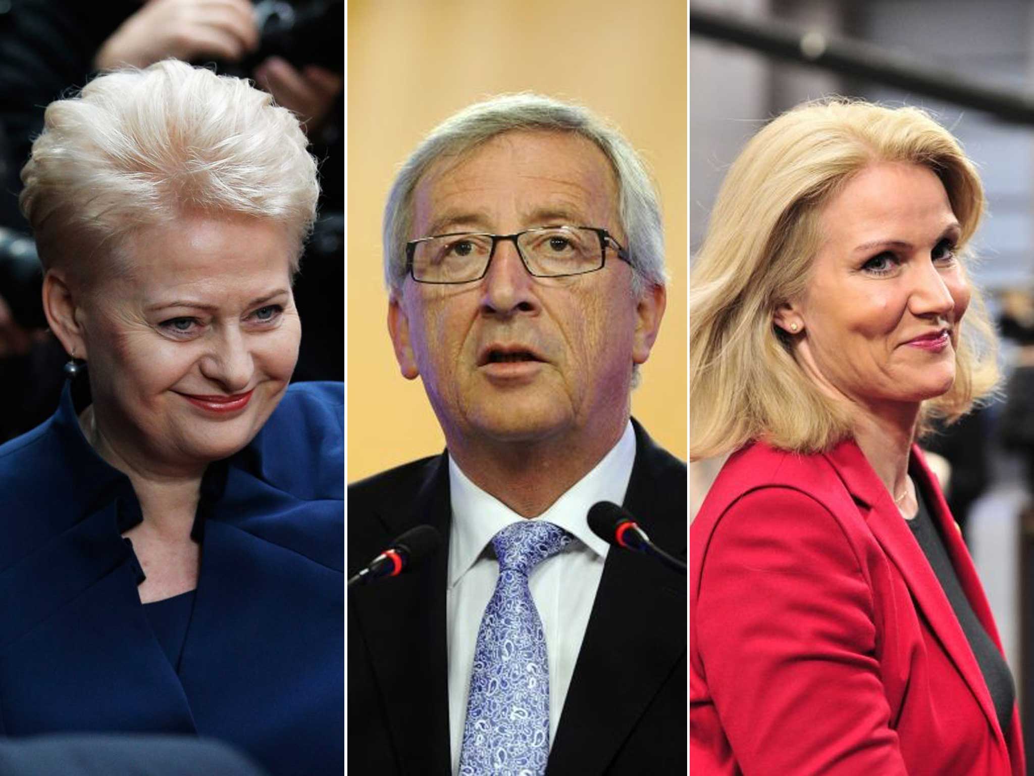 Helle Thorning-Schmidt, the Prime Minister of Denmark, (right); Jean-Claude Juncker, (centre) and Dalia Grybauskaite, the President of Lithuania (left)