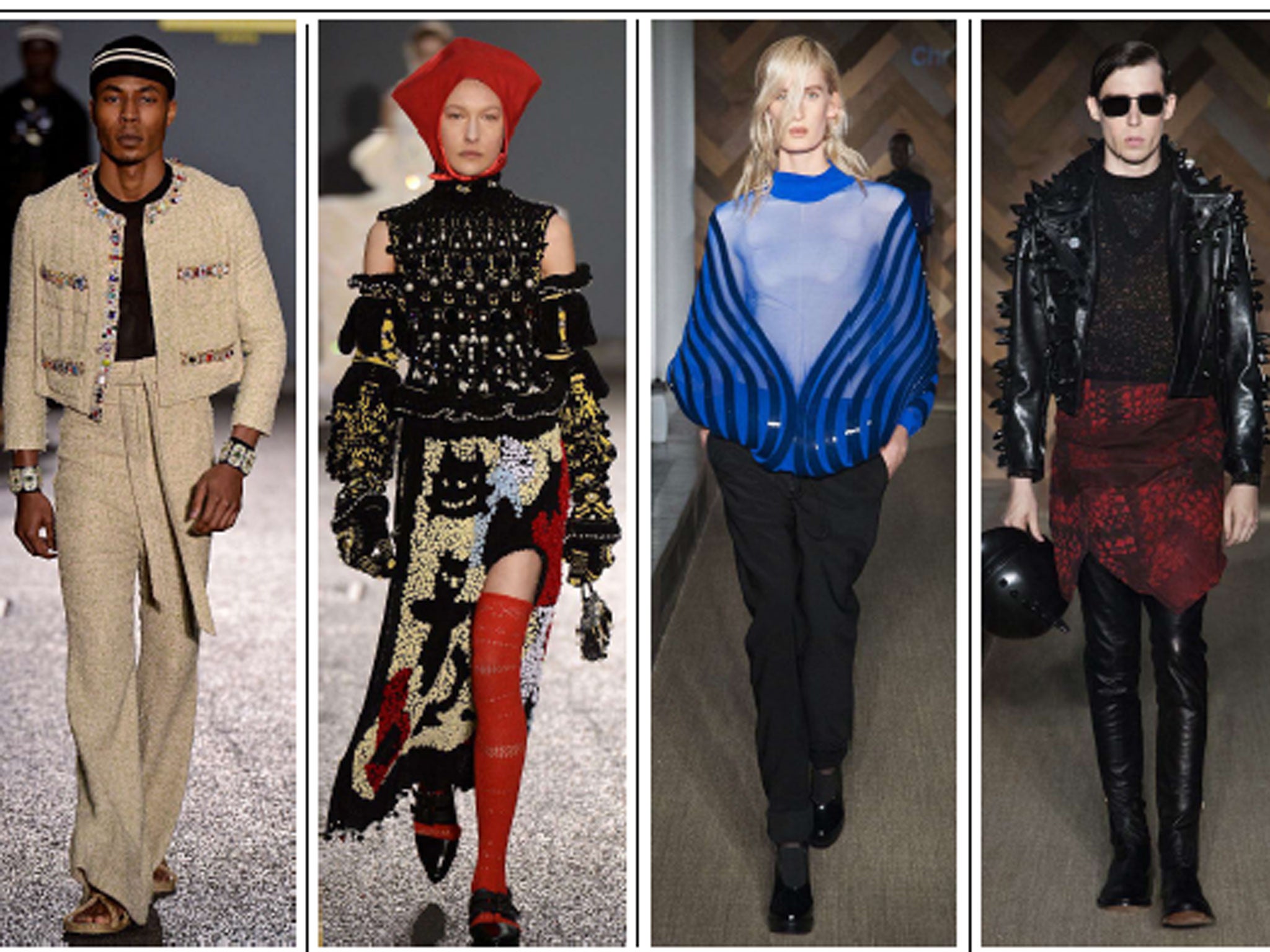 (left to right): designs by Harry Evans, Gracie Wales-Bonner, both Central Saint Martins BA; Riona Horrox, Ida Gro Chistiansen, both Royal College of Art MA