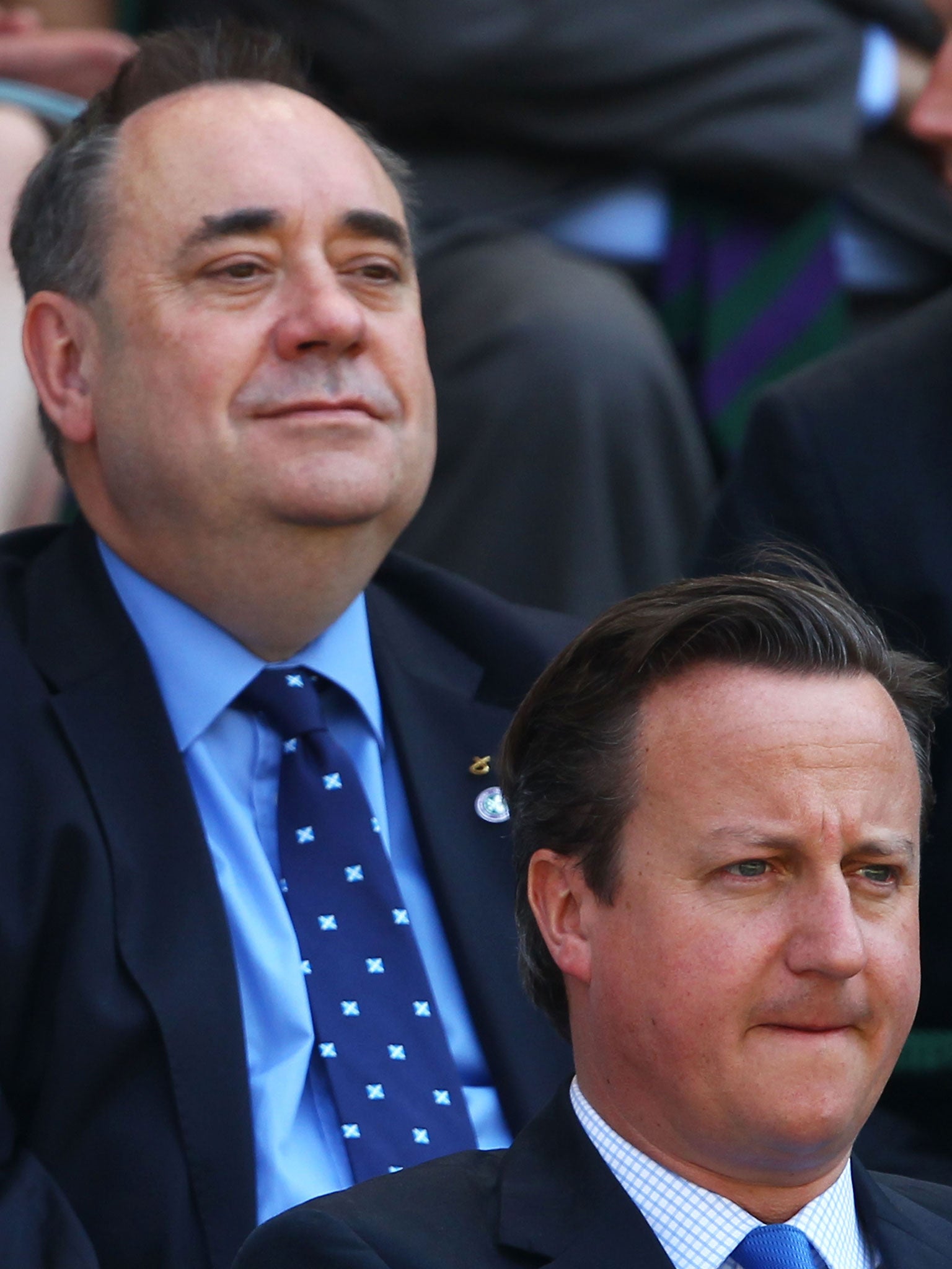 Alex Salmond, top left, sitting behing David Cameron, bottom right, at Wimbledon