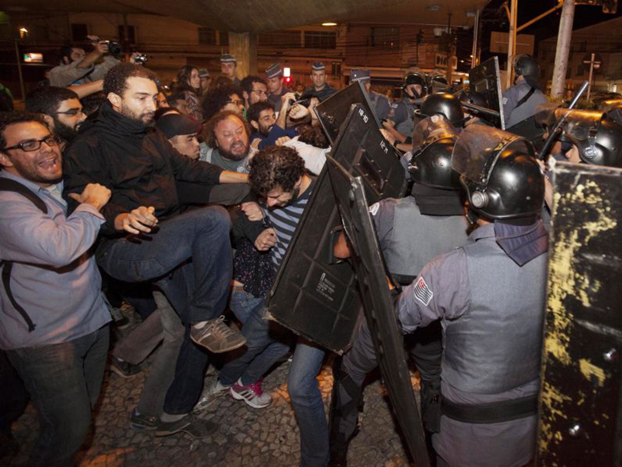 Riot police clash with striking metro workers in Sao Paulo