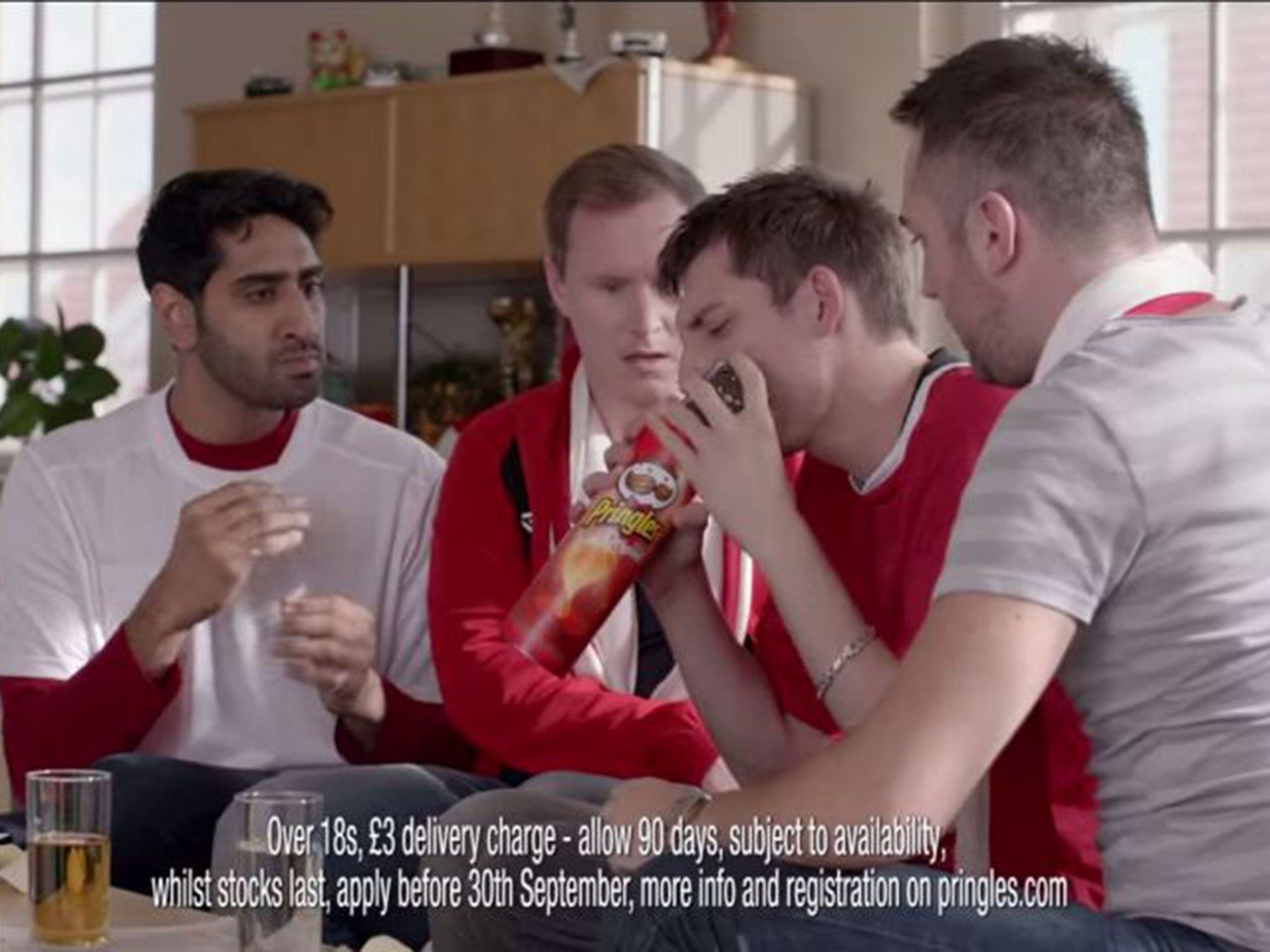 In an advert for Pringles, football-loving men avoid their ‘killjoy’ girlfriends by pretending their mobile phones are losing signal