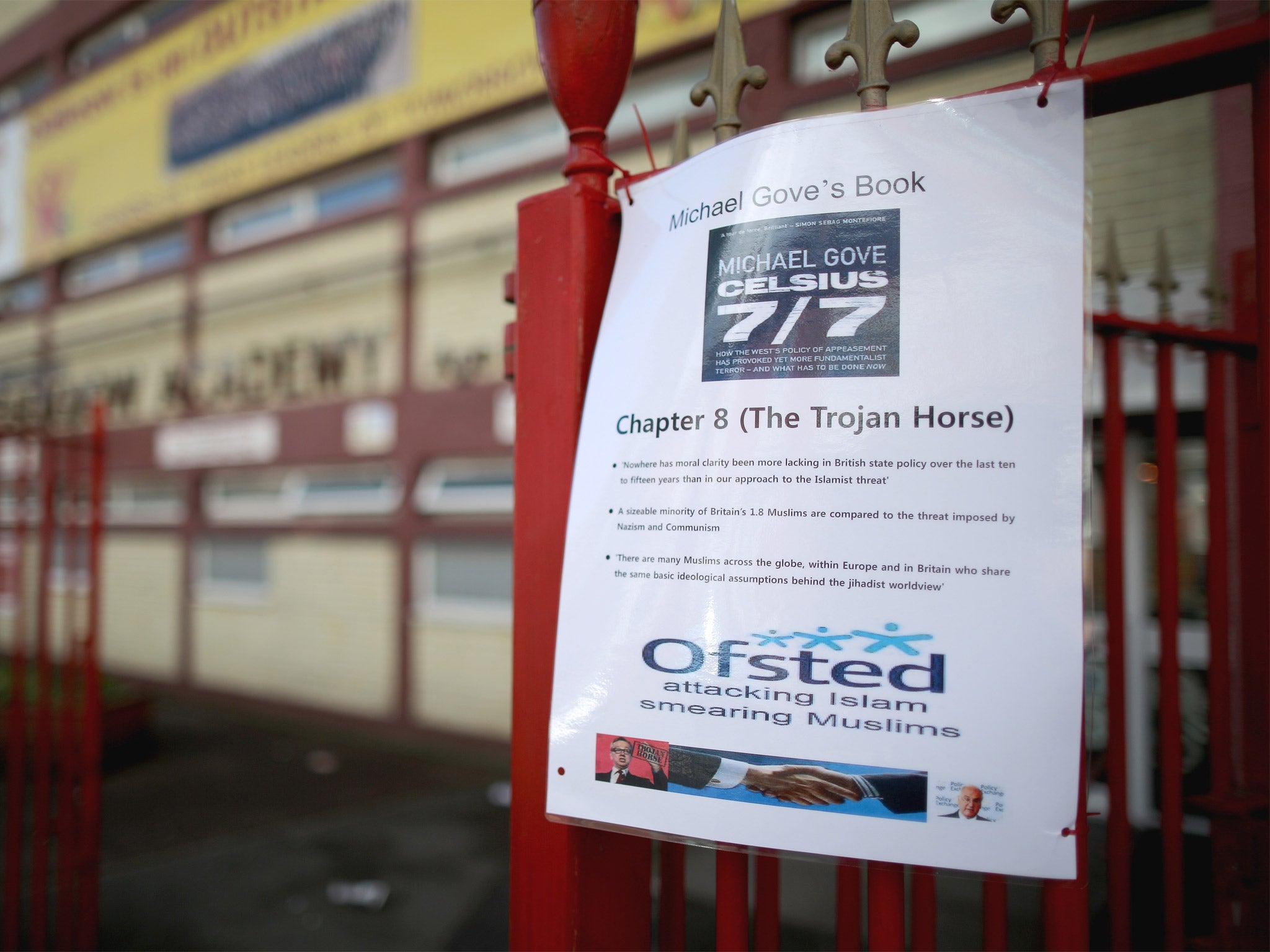 A poster protesting against Michael Gove is displayed outside Oldknow Academy, one of the Birmingham Schools at the centre of the 'Trojan Horse' affair, earlier this year