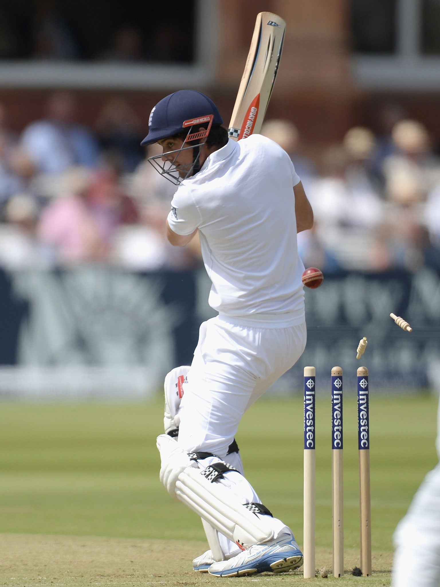 Alastair Cook bottom-edges into the stumps and is out for 17 yesterday