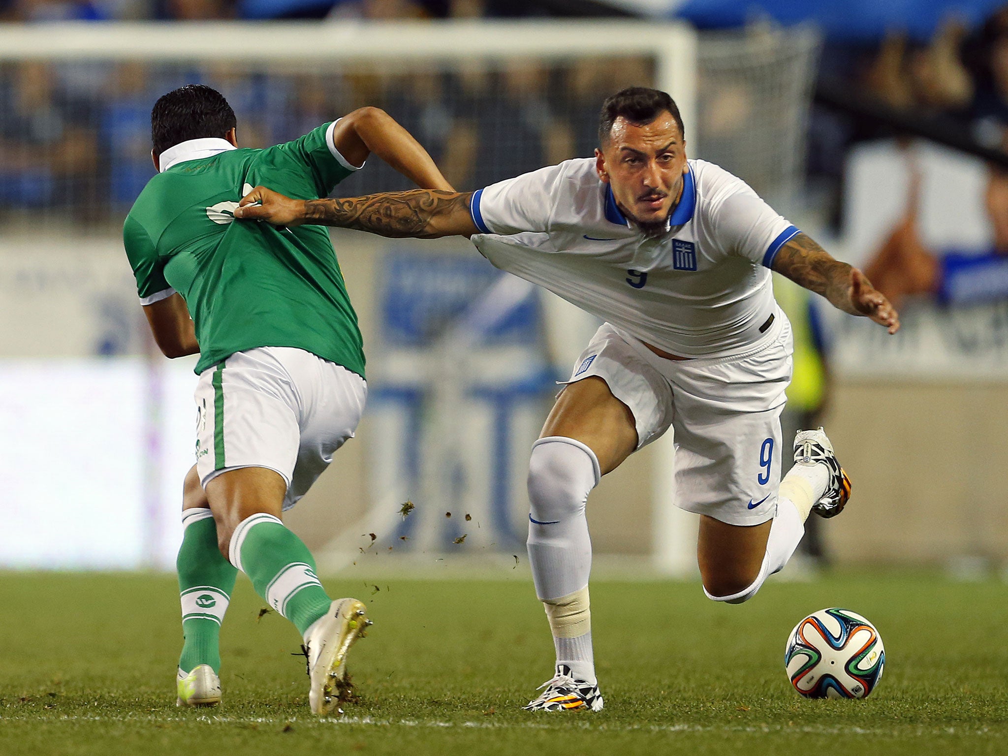 Kostas Mitroglou (right) during Greece's recent friendly against Bolivia