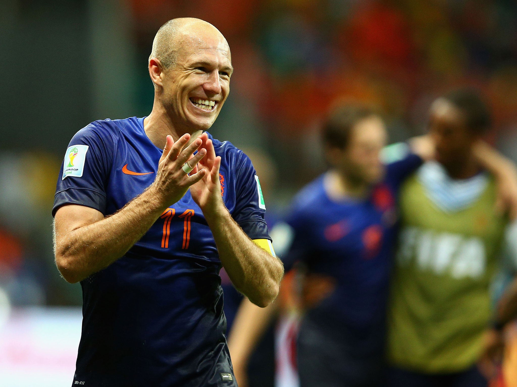 Arjen Robben celebrates the 5-1 victory over Spain