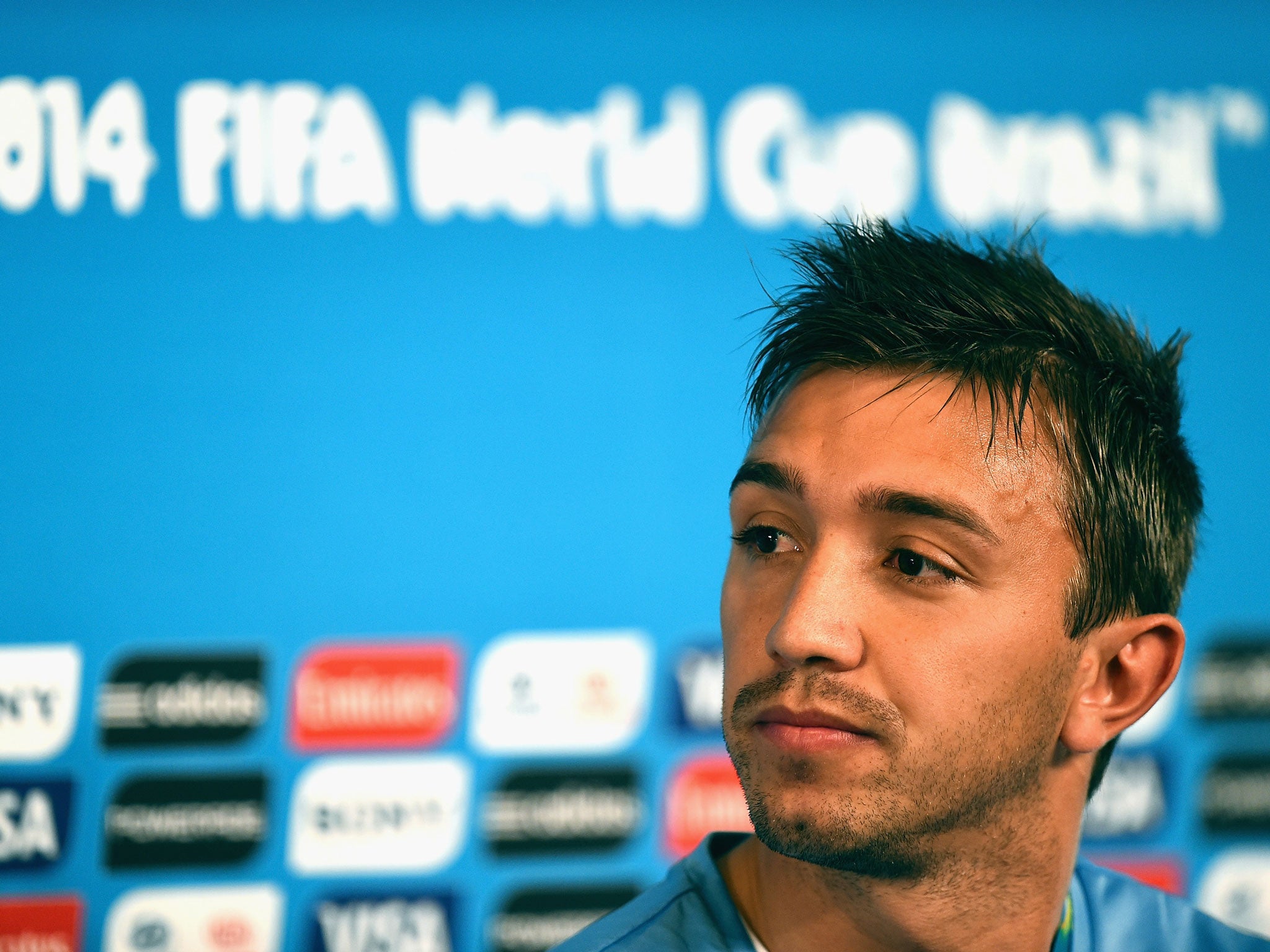 Fernando Muslera of Uruguay talks to the press