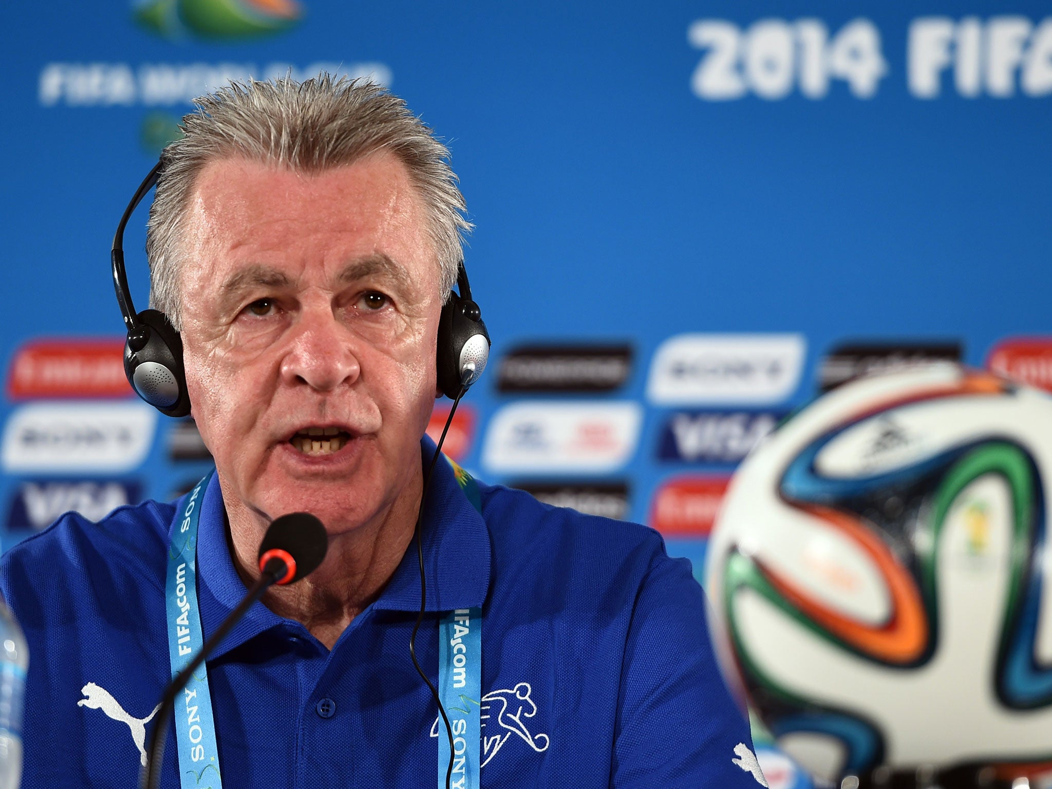 Switzerland's German coach Ottmar Hitzfeld attends a press conference