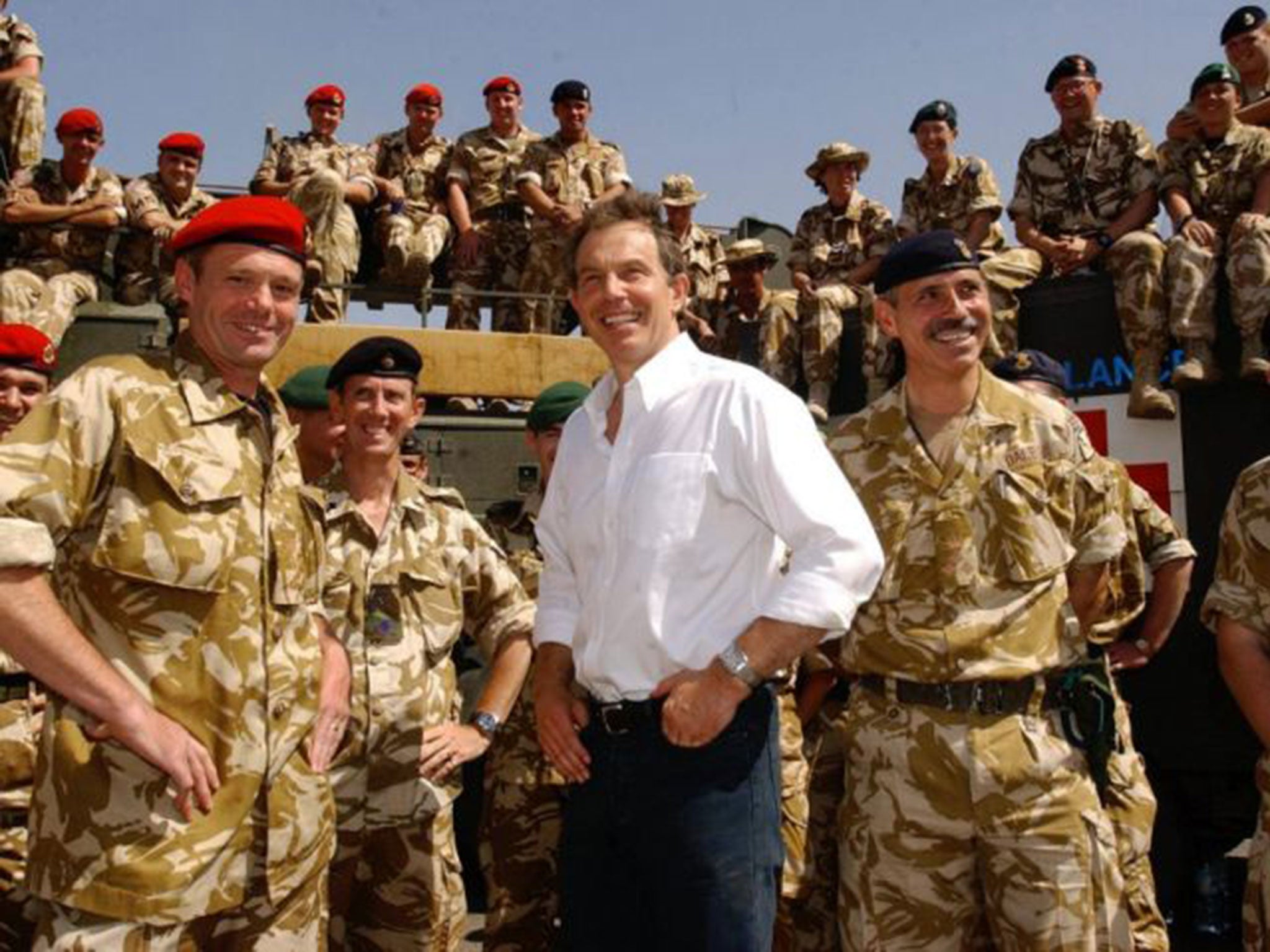 Tony Blair meeting troops in the port of Umm Qasr, Iraq in May, 2003 (PA)