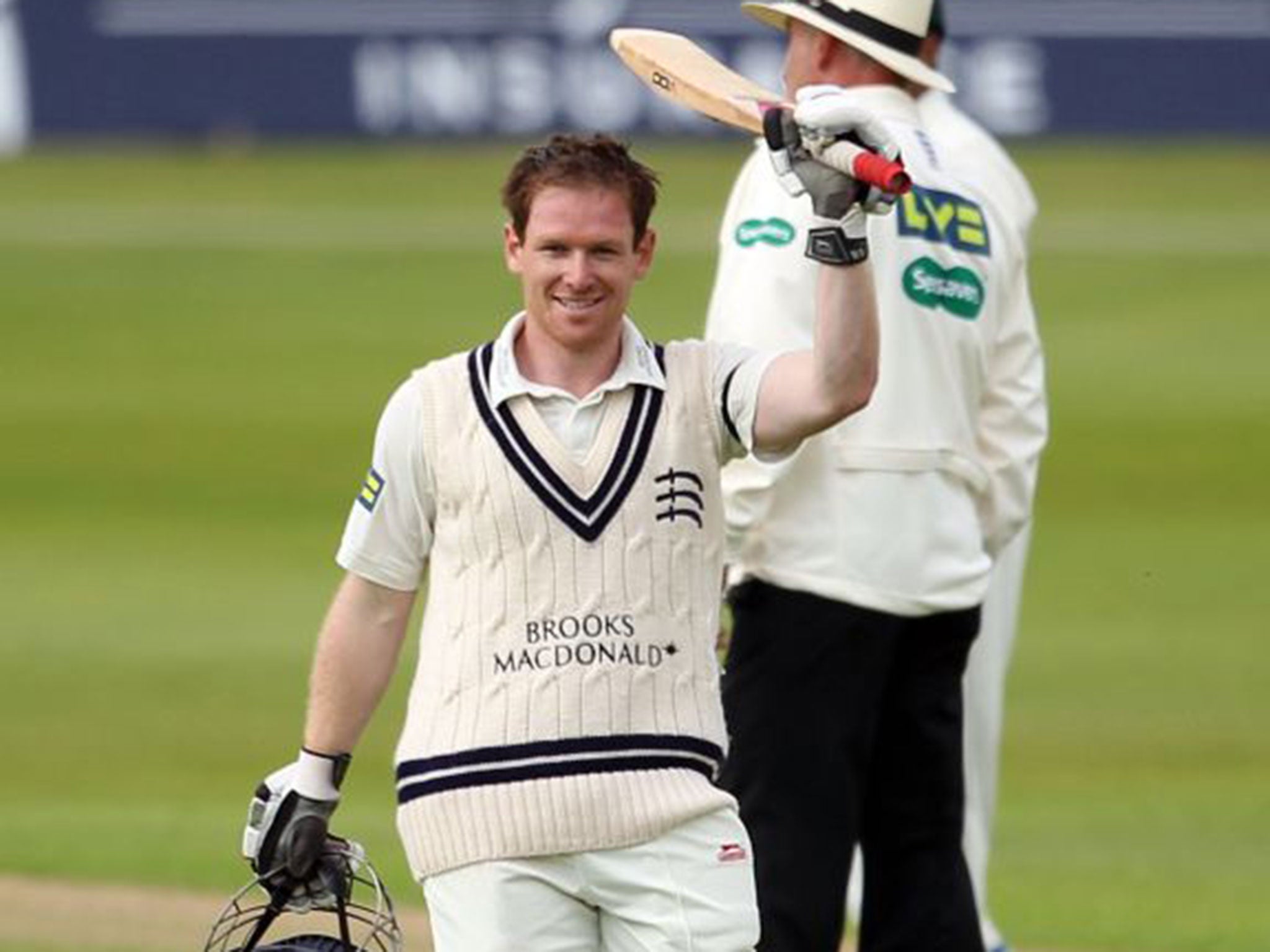 Eoin Morgan fell nine runs short of a double century for Middlesex against Notts