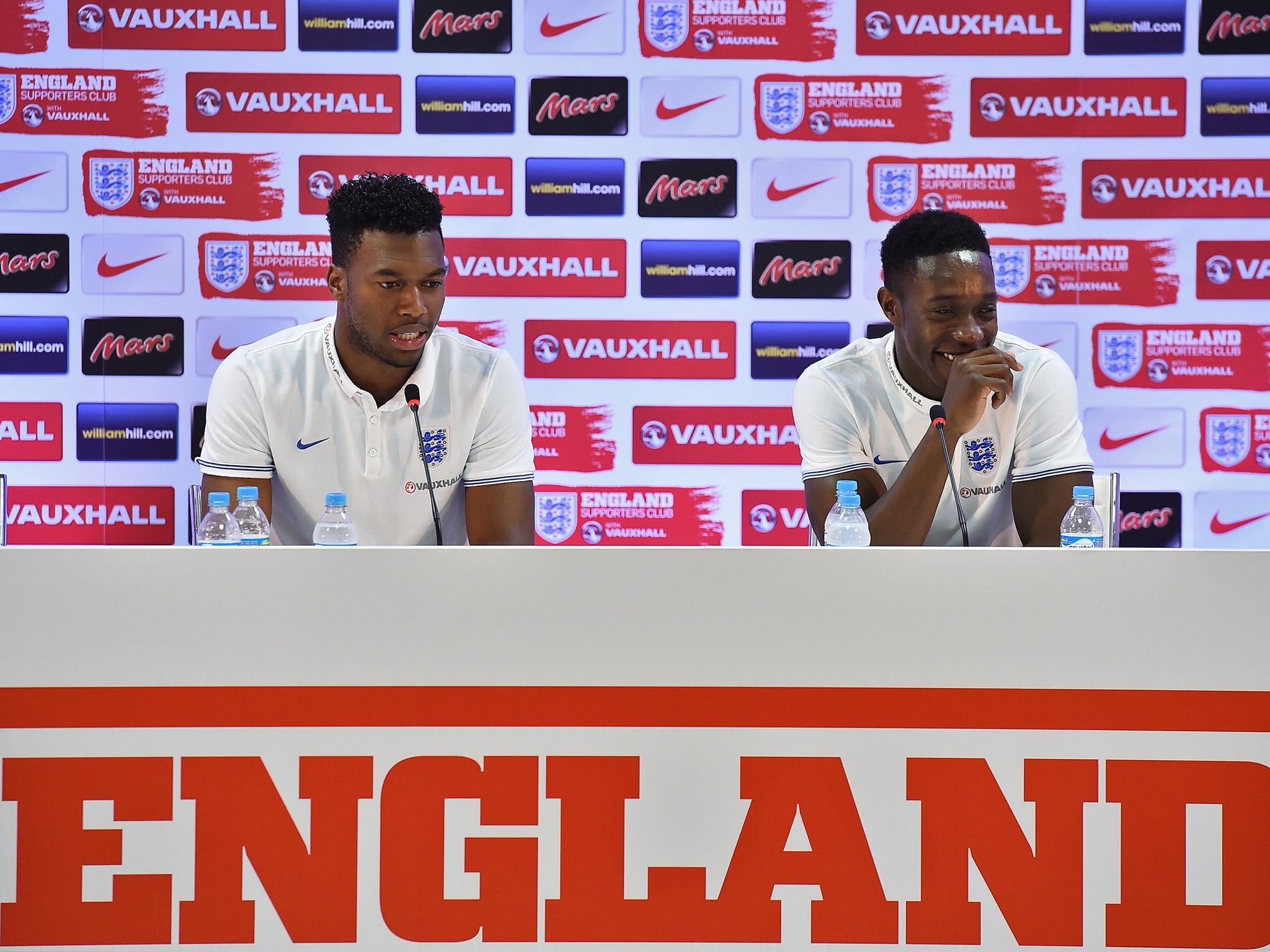 Daniel Sturridge speaks to the press alongside Danny Welbeck