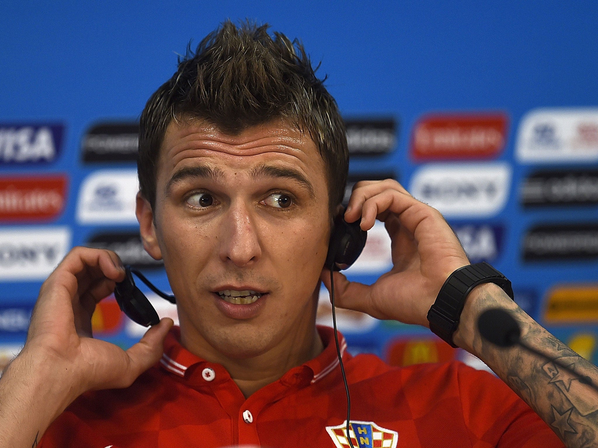 Croatia's forward Mario Mandzukic holds a press conference at the Amazonia Arena in Manaus