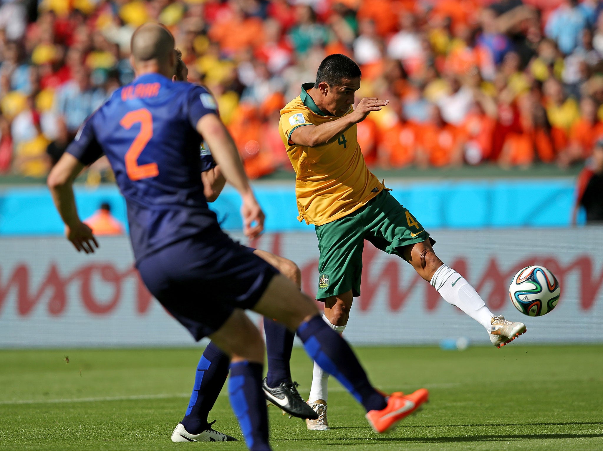 Tim Cahill strikes his astonishing volley against the Netherlands