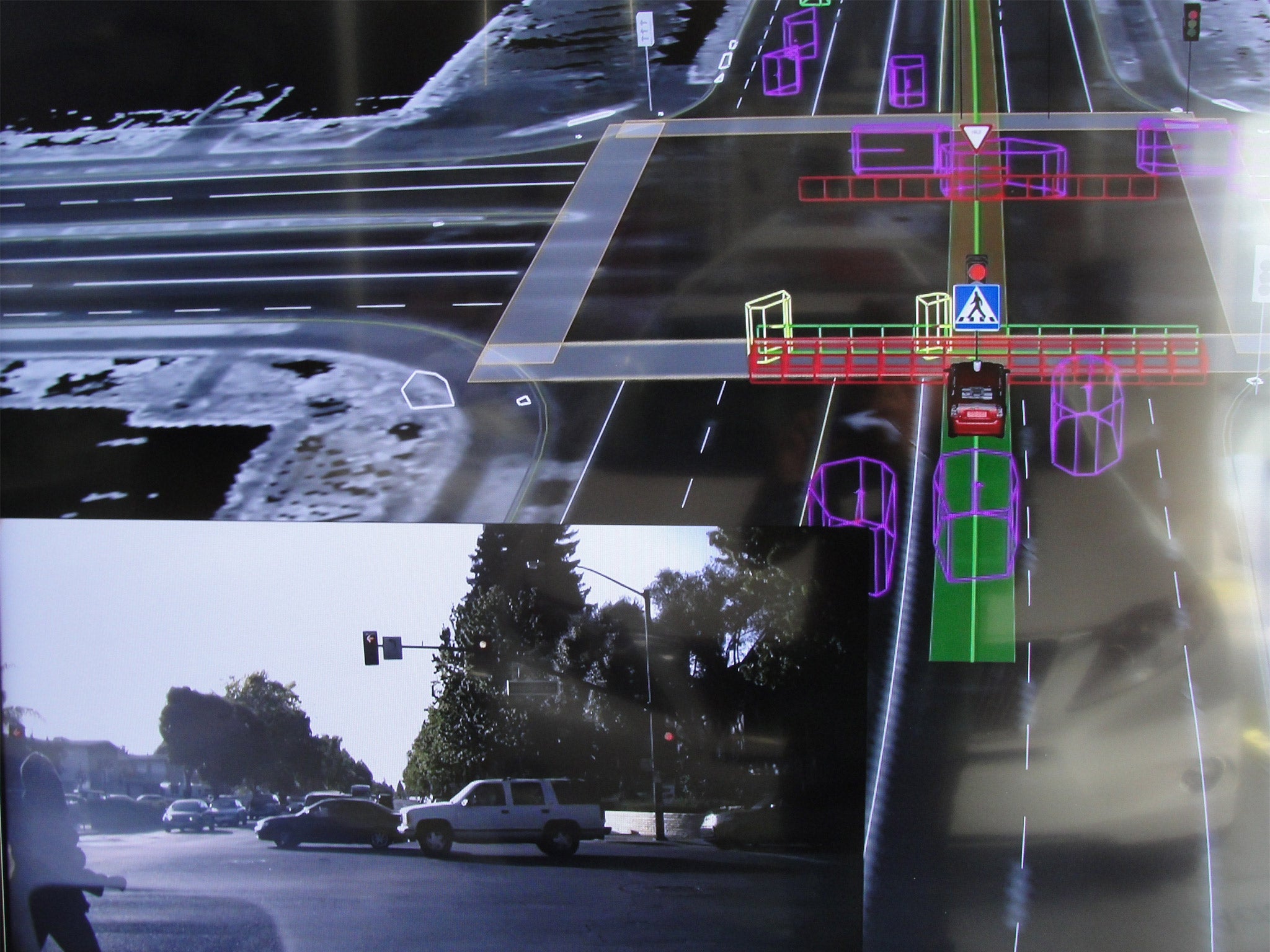 An interior view of a Google self-driving car in Mountain View, California