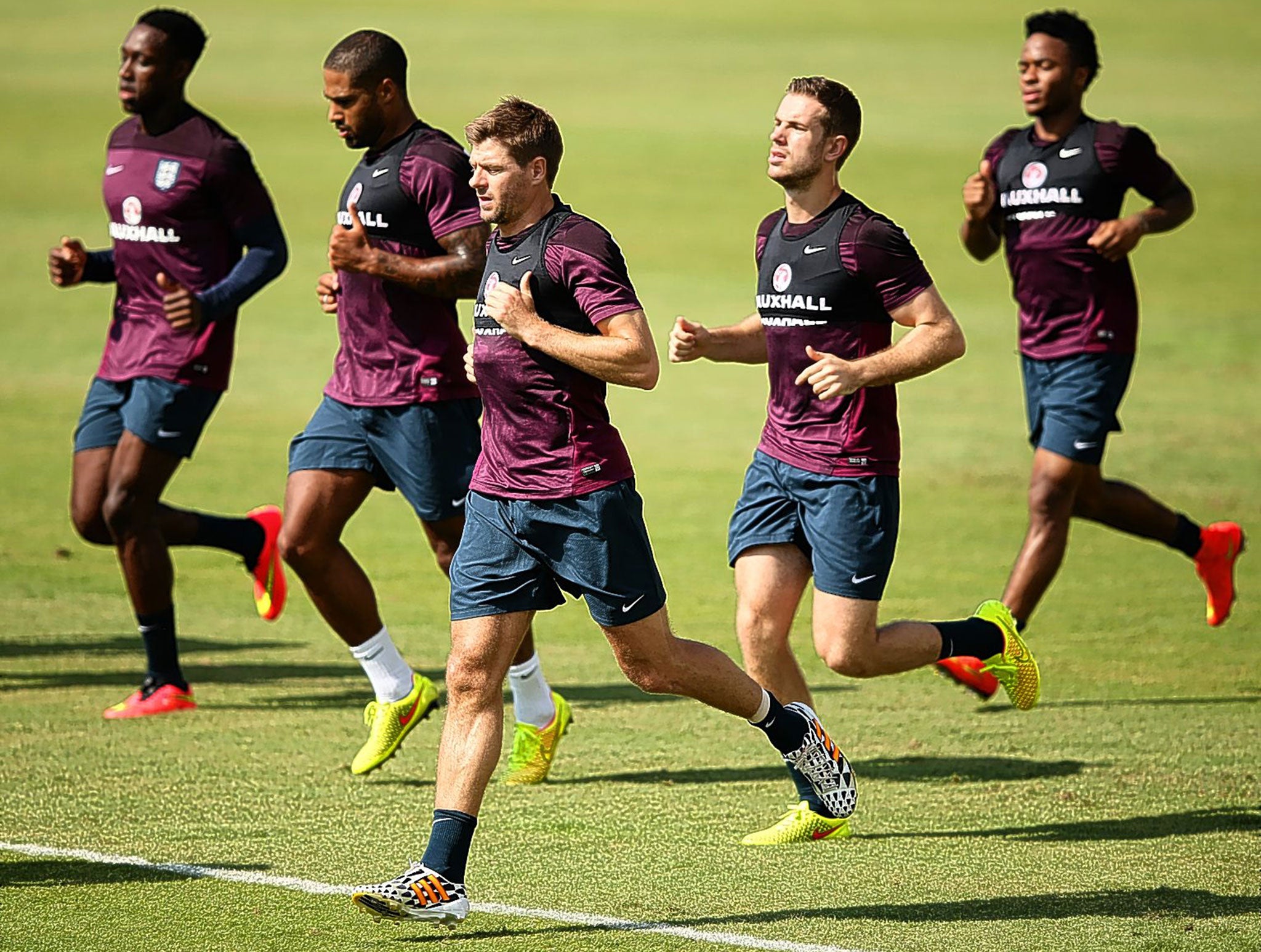 Captain Steven Gerrard (front) trains with England