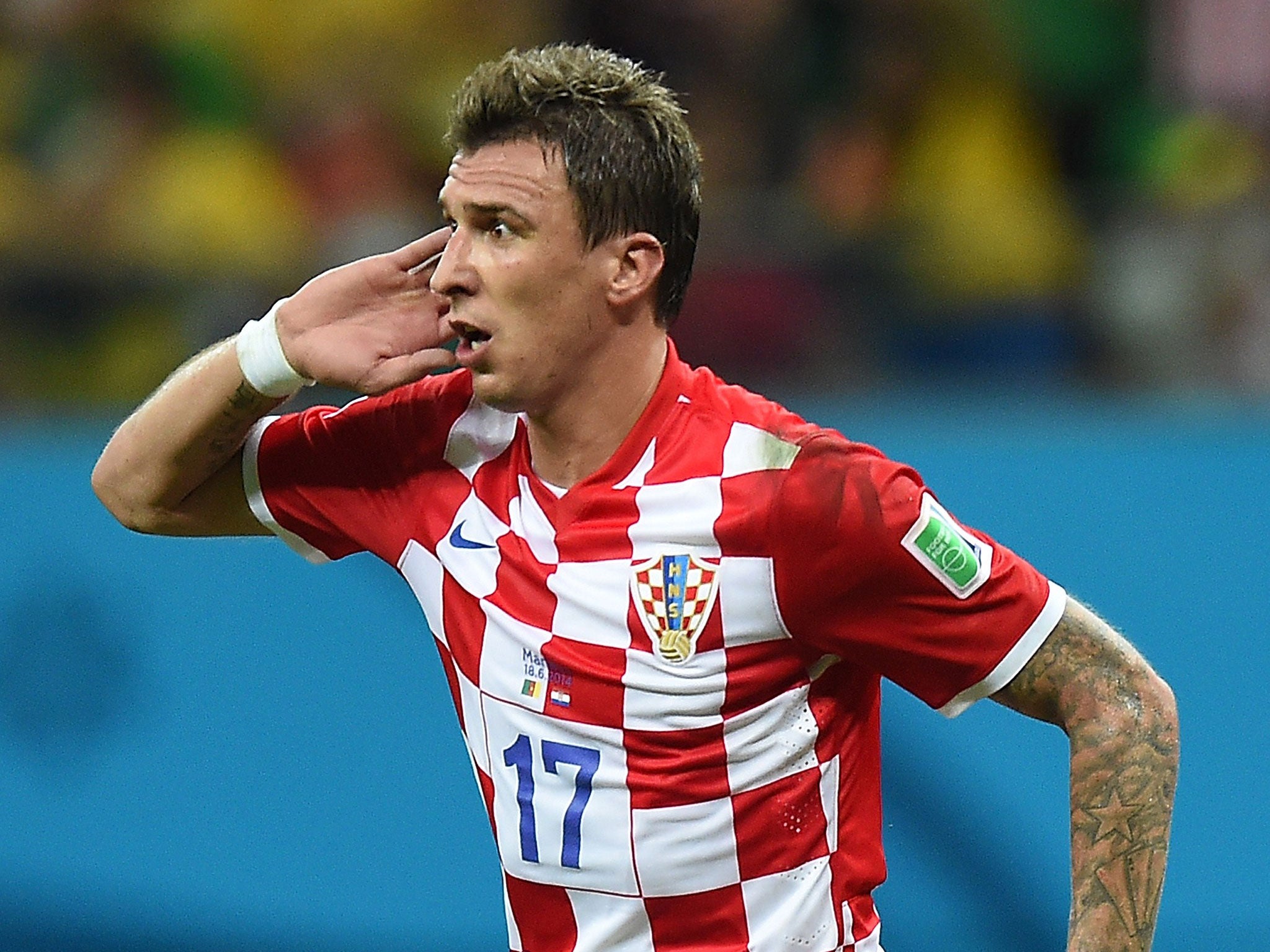 Mario Mandzukic celebrates his first goal against Cameroon