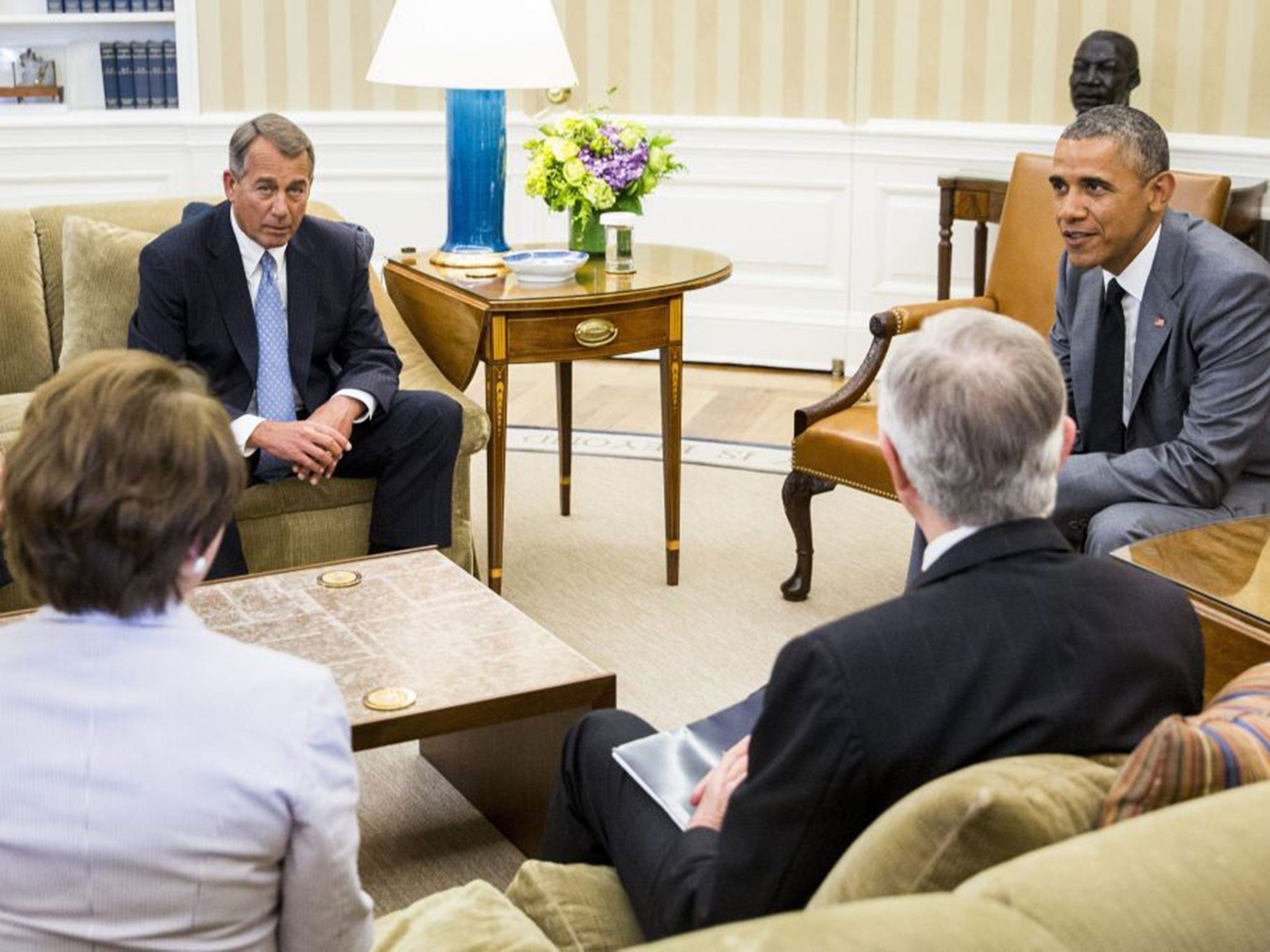 From left to right, House Minority Leader Nancy Pelosi, Speaker of the House John Boehner, Senate Majority Leader Harry Reid, and President Barack Obama meet in the Oval Office of the White House, in Washington, DC, USA, 18 June 2014. According to Press