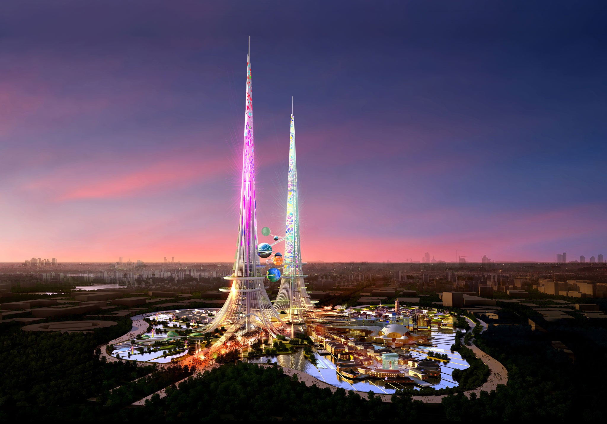 CGI projections of what the £1.2bn project will look like show two solar-powered Eiffel Towers emerging in blazing colour from one of Wuhan's many lakes