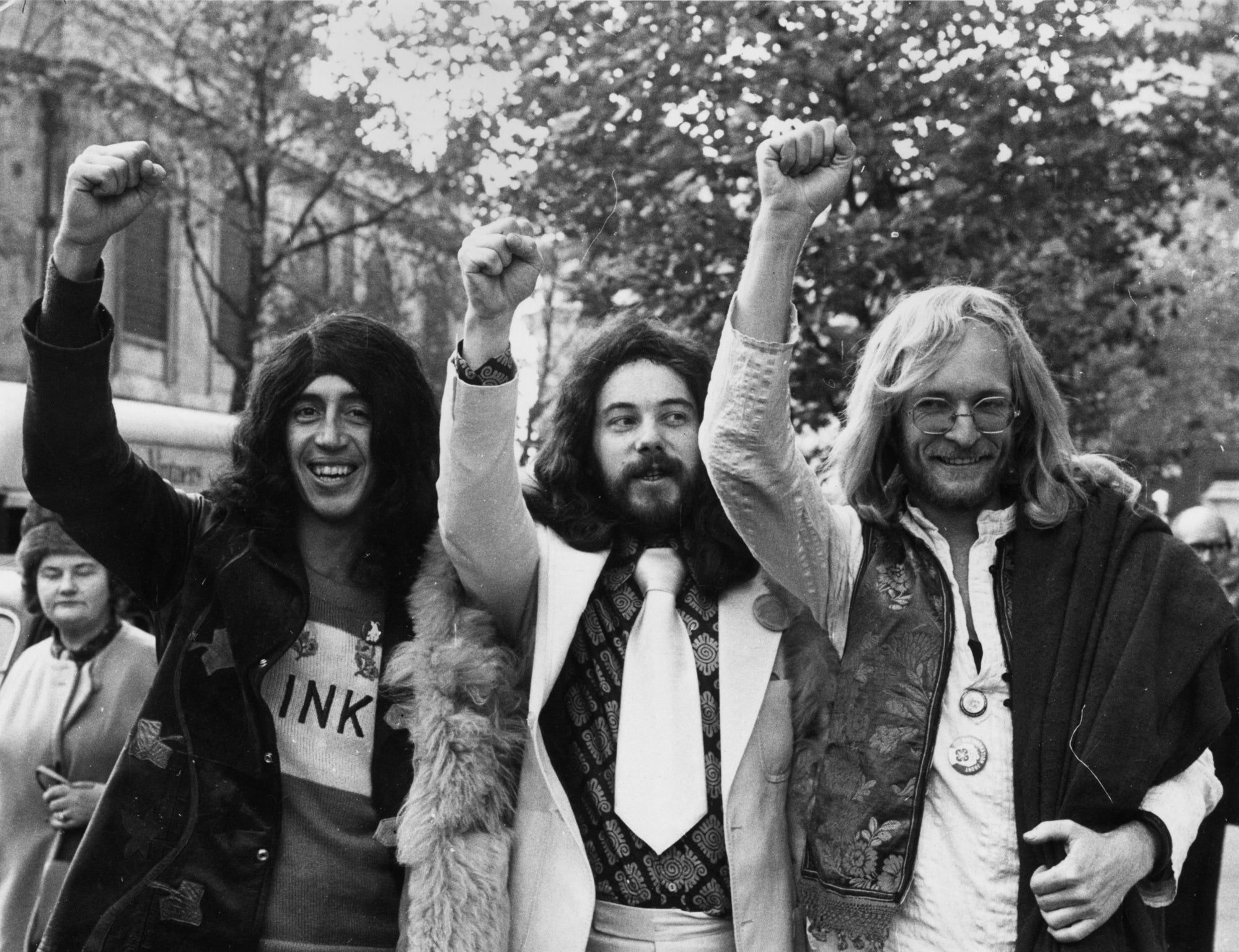 Felix Dennis (centre) with his co-defendants in 1971 after their convictions were overturned