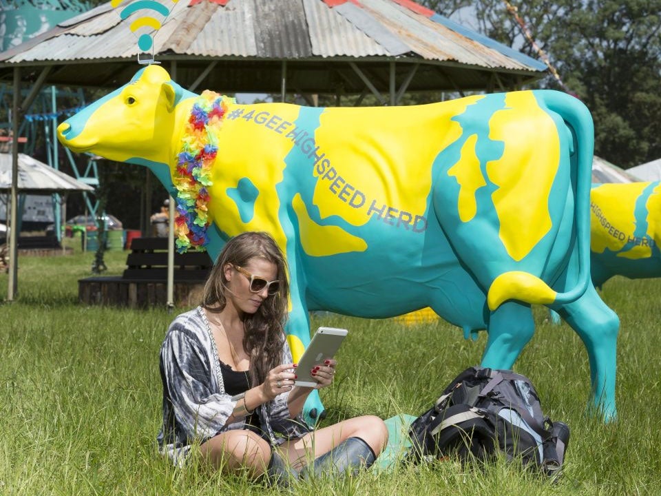 A woman uses Wi-fi at Glastonbury