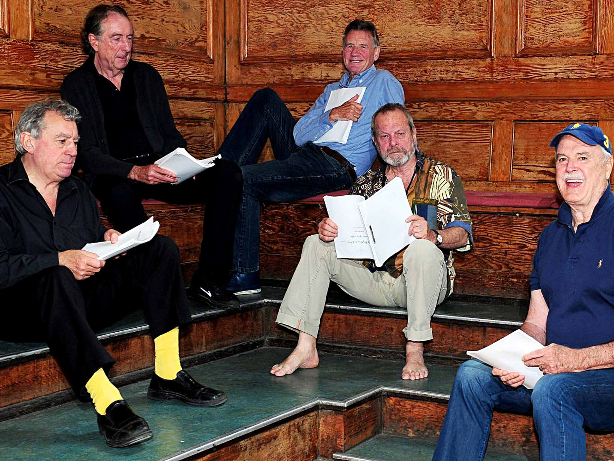 Old men behaving badly: (from left) Terry Jones, Eric Idle, Michael Palin, Terry Gilliam and John Cleese in rehearsals for the London show