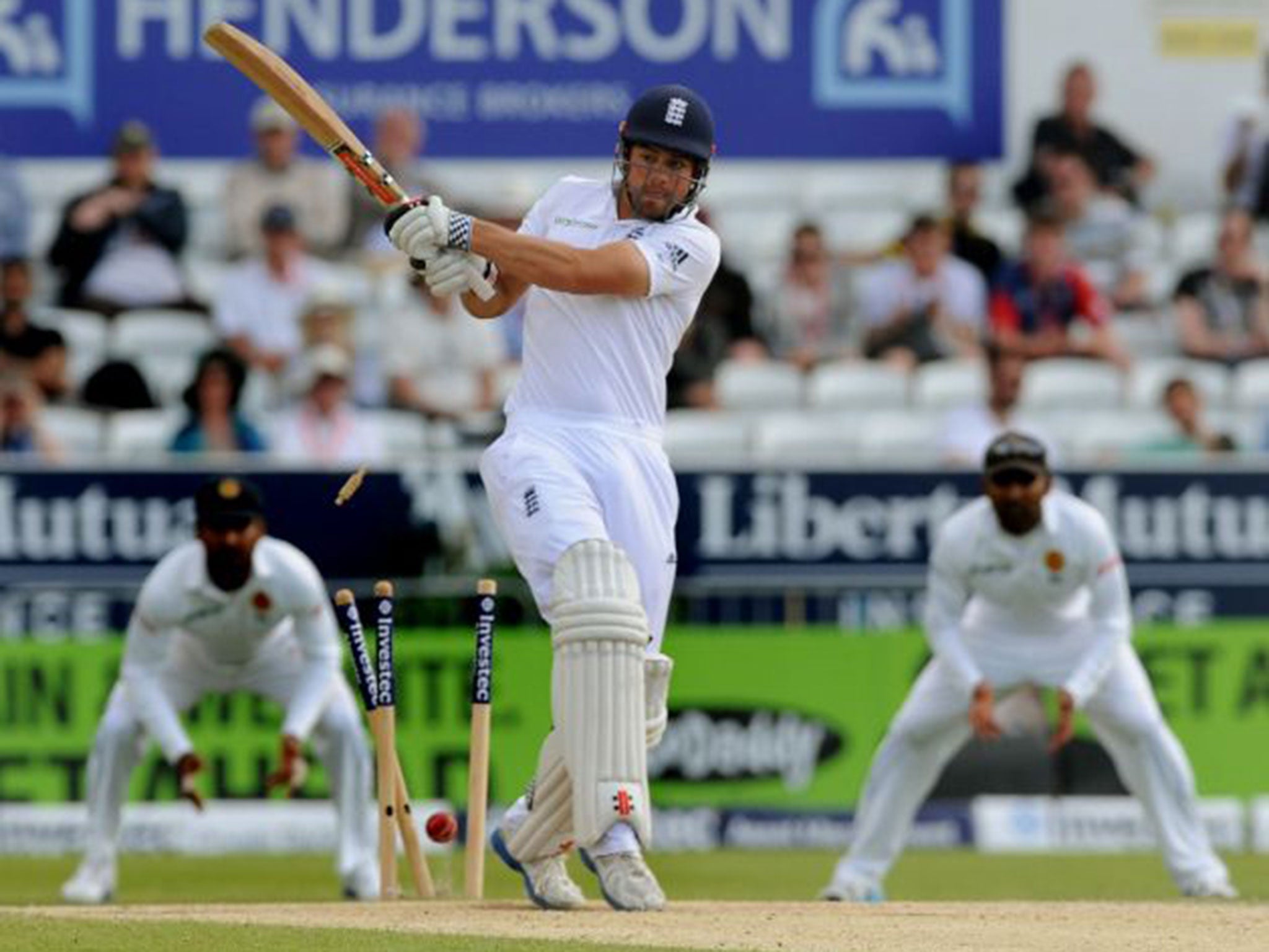 Alastair Cook’s miserable form continues as he is bowled by Dhammika Prasad for 16 at Headingley (AP)