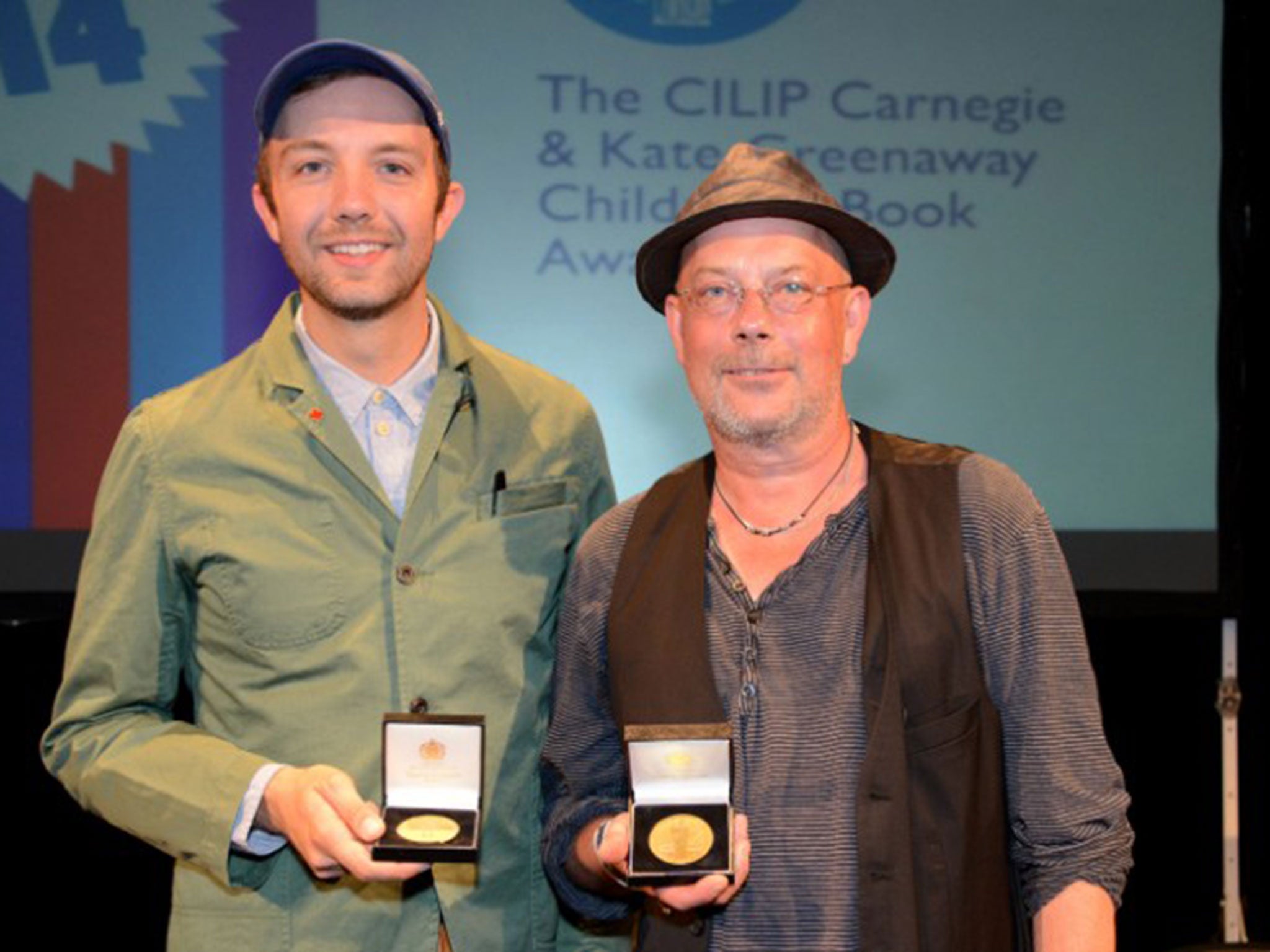 Jon Klassen, winner of the Kate Greenaway Medal, and Kevin Brooks, with his Carnegie Medal