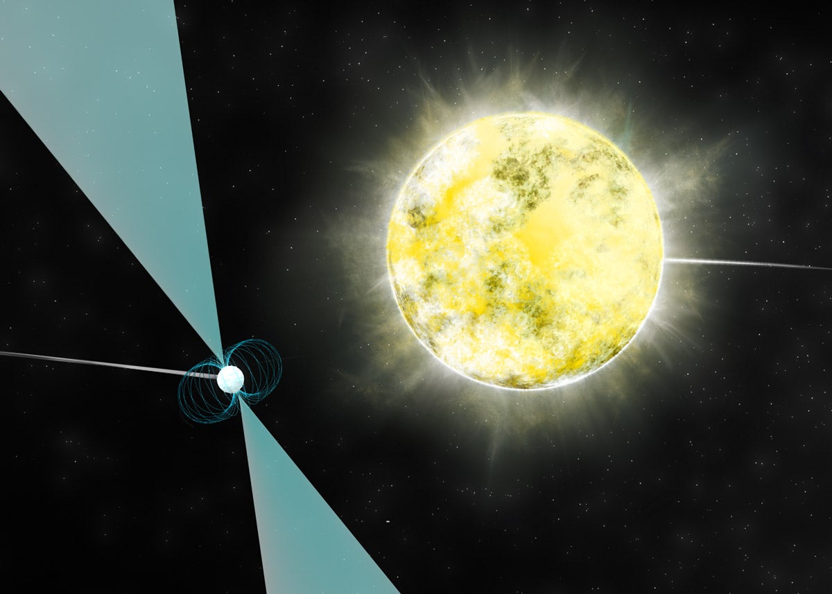 Artist impression of a white dwarf star in orbit with pulsar PSR J2222-0137. It may be the coolest and dimmest white dwarf ever identified.