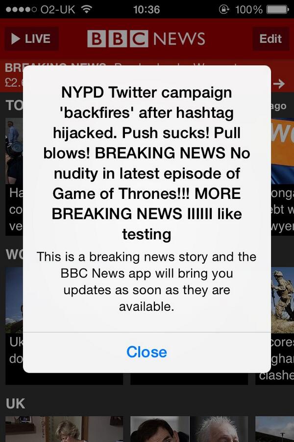 The BBC sent this test push notification to its app users this morning