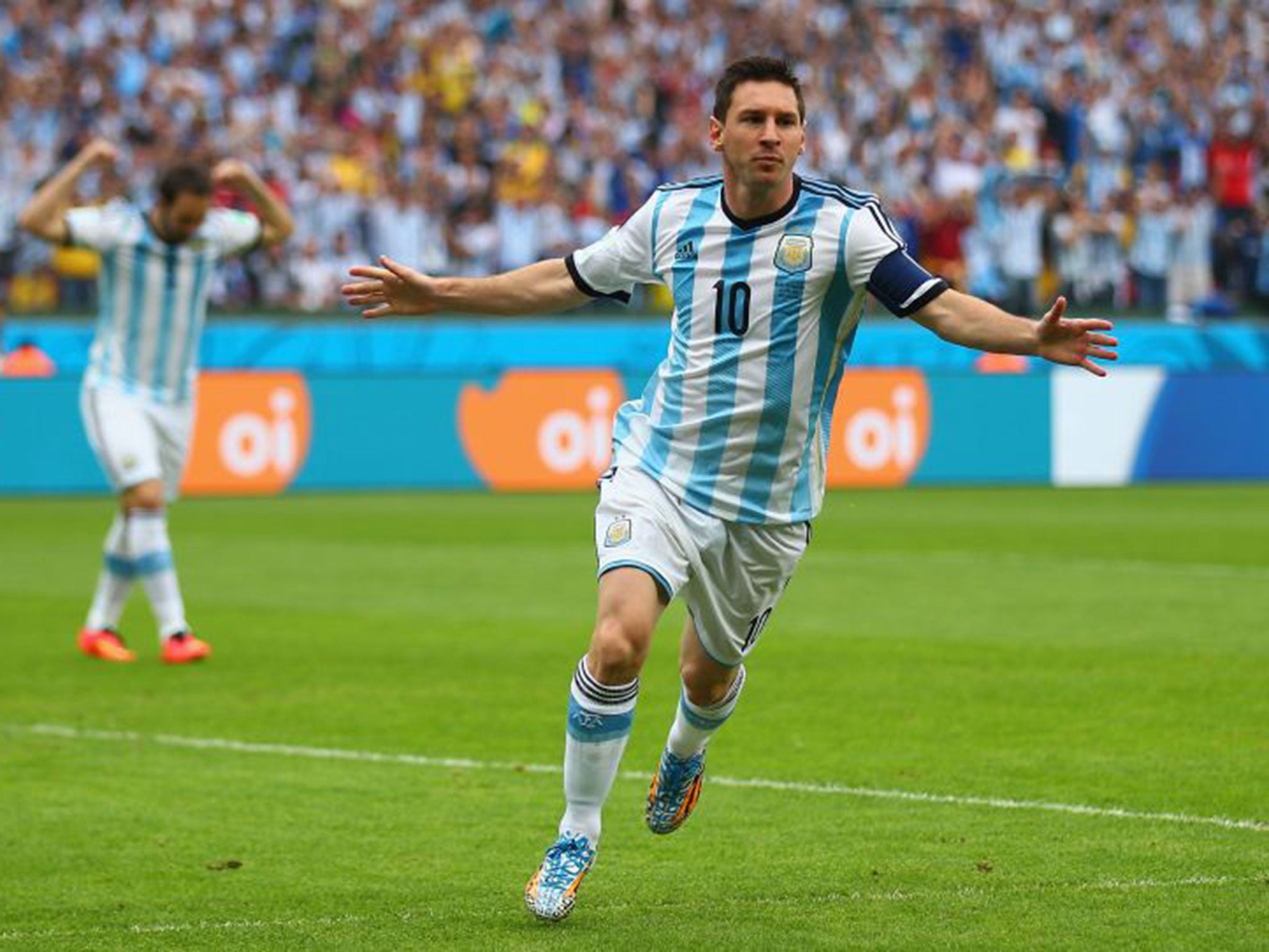 Lionel Messi celebrates putting Argentina ahead in the 3rd minute of their final group game with Nigeria