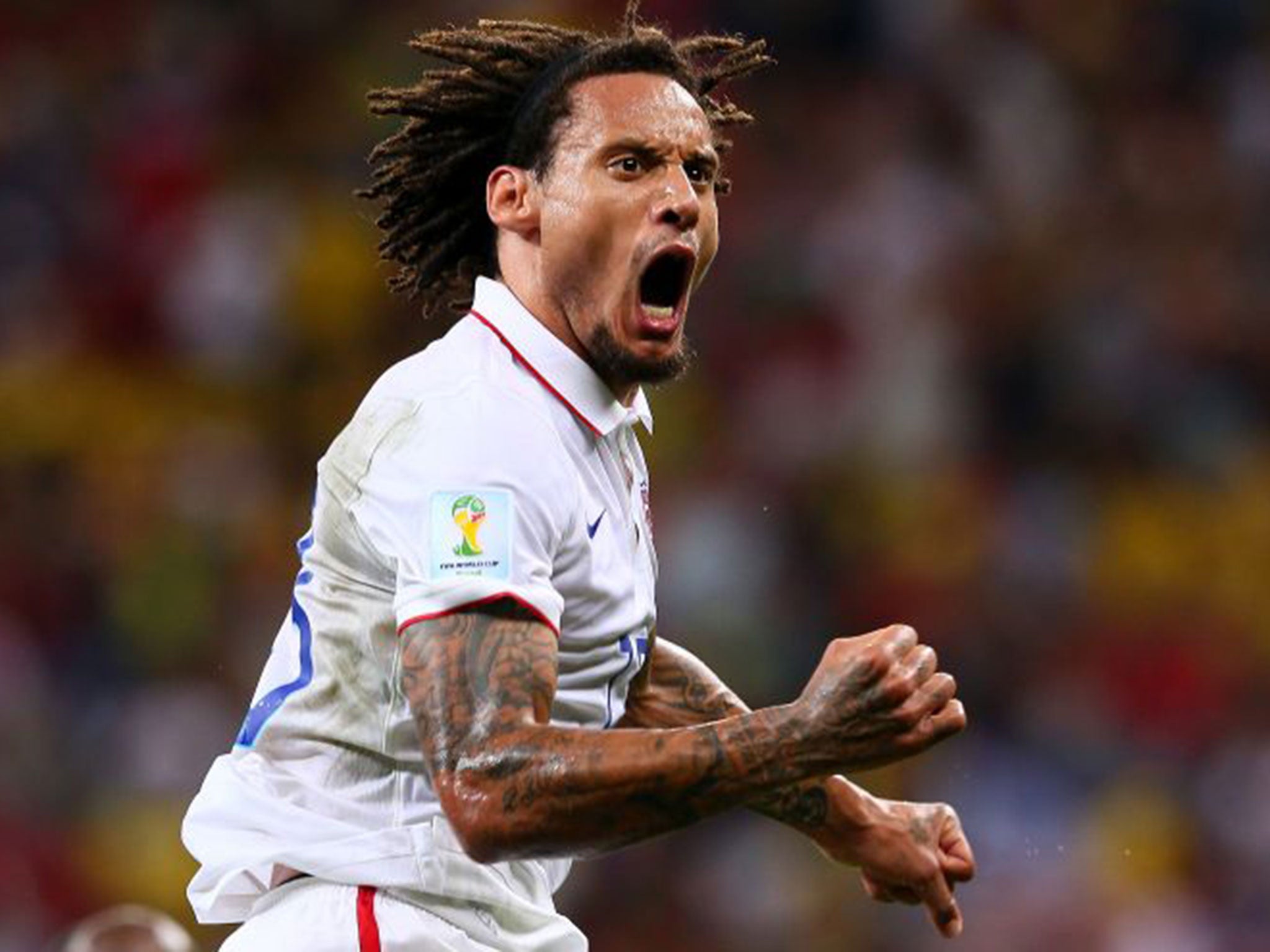 Jermaine Jones celebrates scoring against Portugal