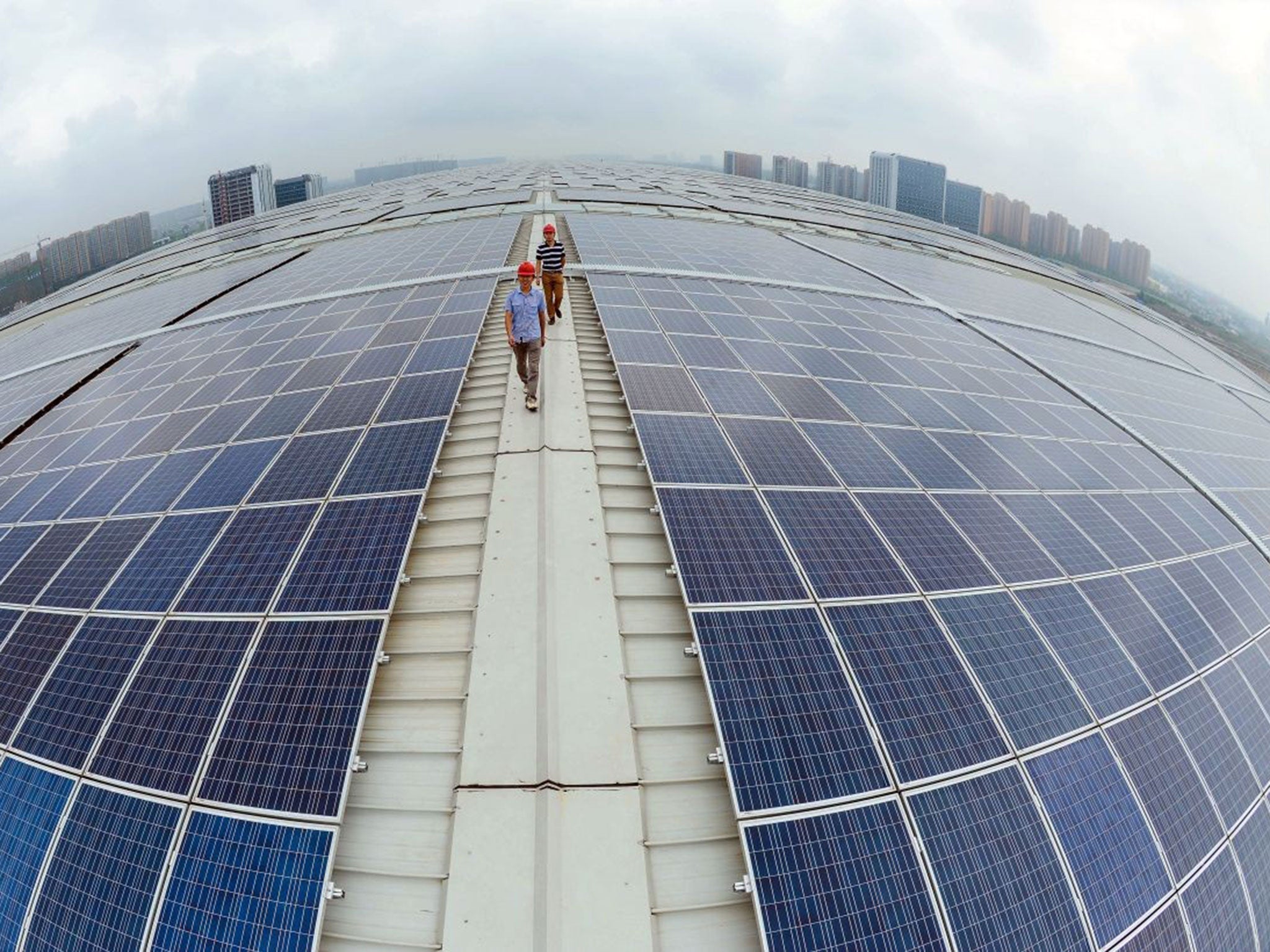 Photovoltaic solar panels on the roof of the Chint Group  office building in Hangzhou, Zhejiang Province, China