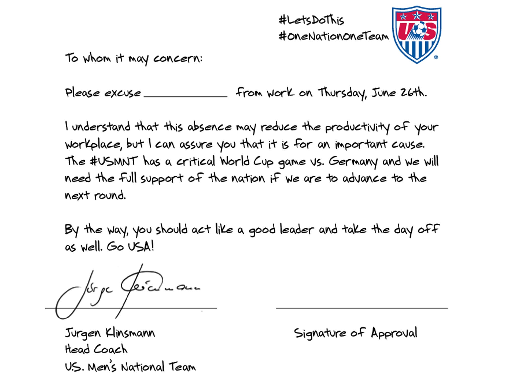 The signed note posted to Twitter by US Soccer