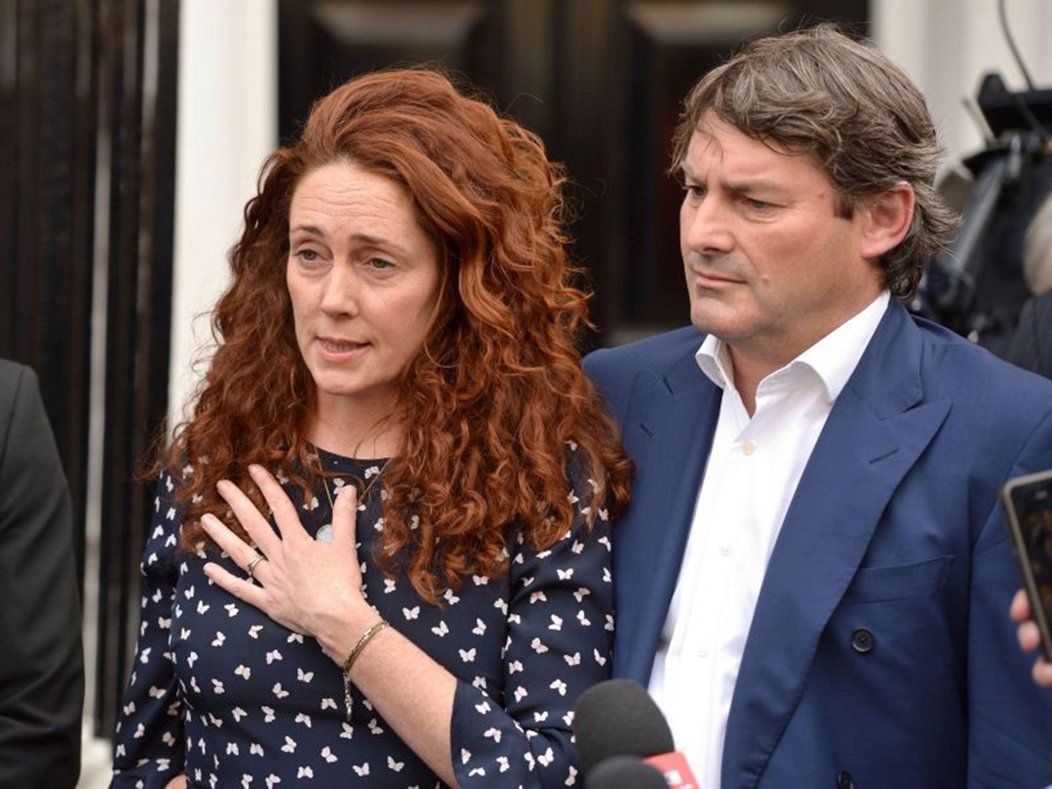 Rebekah Brooks and her husband Charlie Brooks make a statement outside their property in central London, following their acquittal in the hacking trial