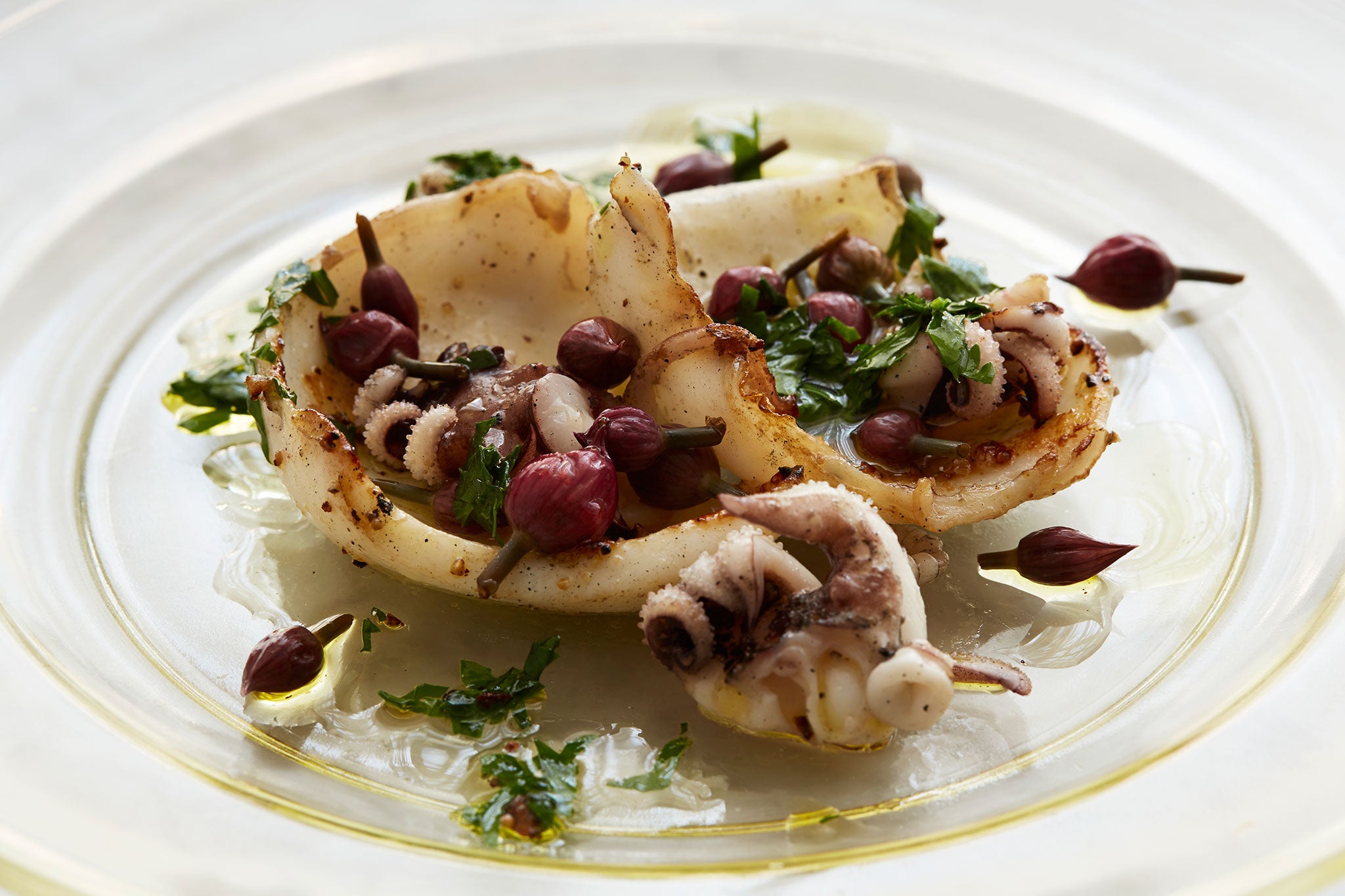 Barbecued cuttlefish with the pickled chive buds