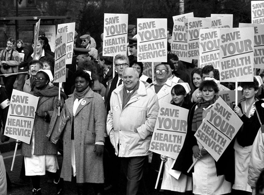 Willis, centre, in 1998 in front of his fellow union leaders Rodney Bickerstaffe and Clive Jenkins, at a rally to protest at government policies for the NHS