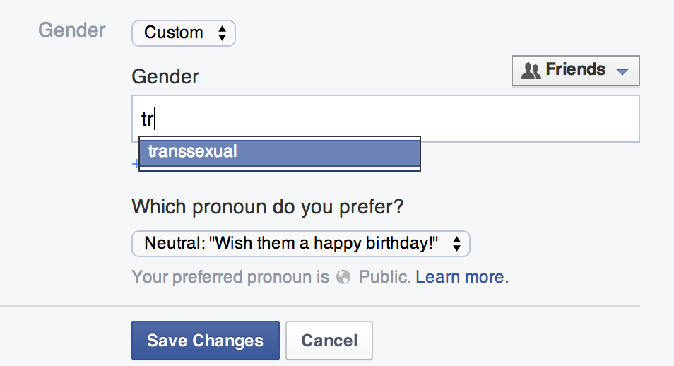 The new gender options are suggested to users if they select 'custom' from the drop down box.