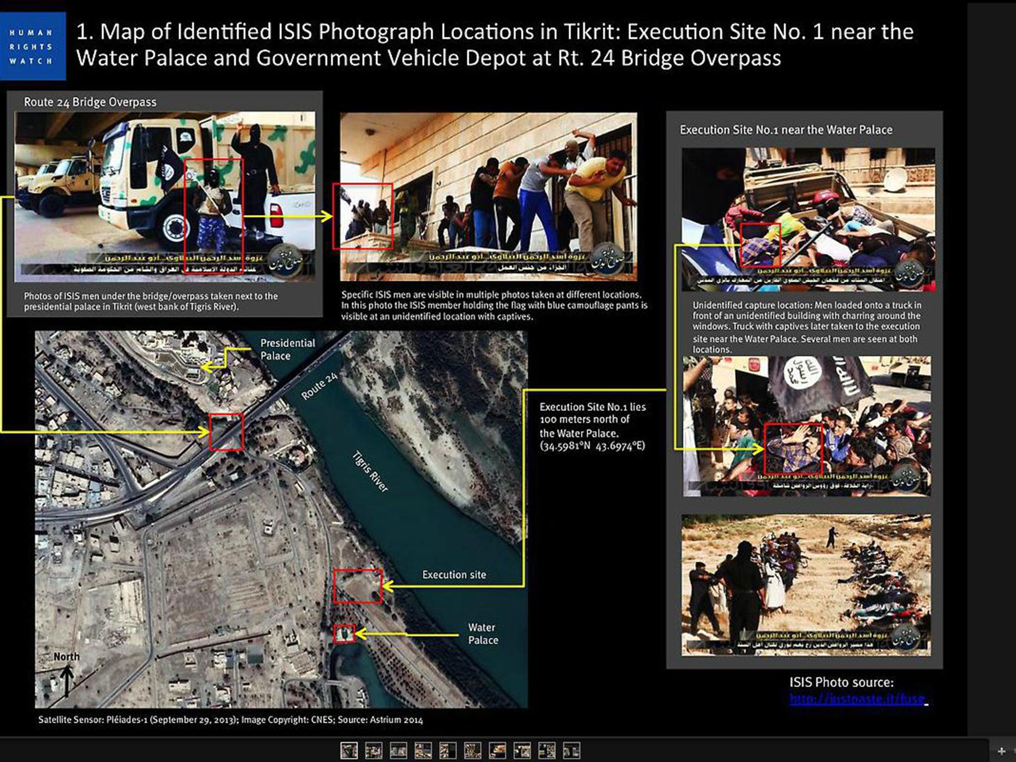 Analysis of photographs and satellite imagery strongly indicates that the Islamic State of Iraq and Syria (ISIS) conducted mass executions in Tikrit after seizing control of the city on June 11, 2014, Human Rights Watch has claimed