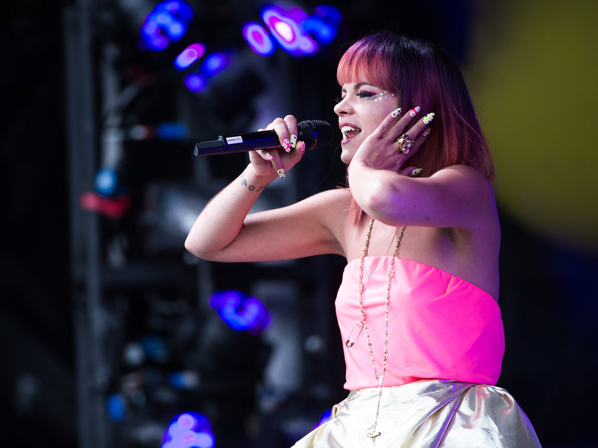 Lily Allen performs on the Pyramid Stage at Glastonbury in 2014