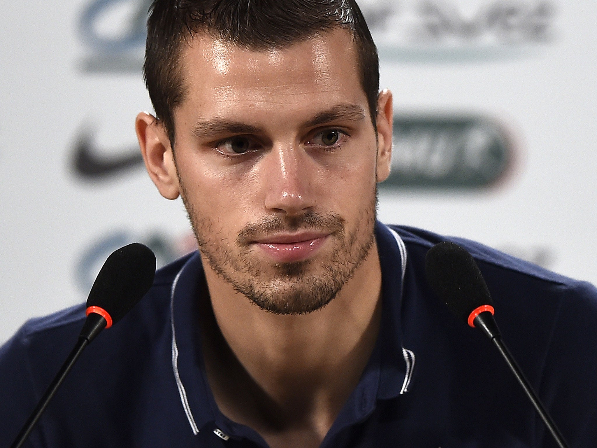 France's midfielder Morgan Schneiderlin attends a press conference