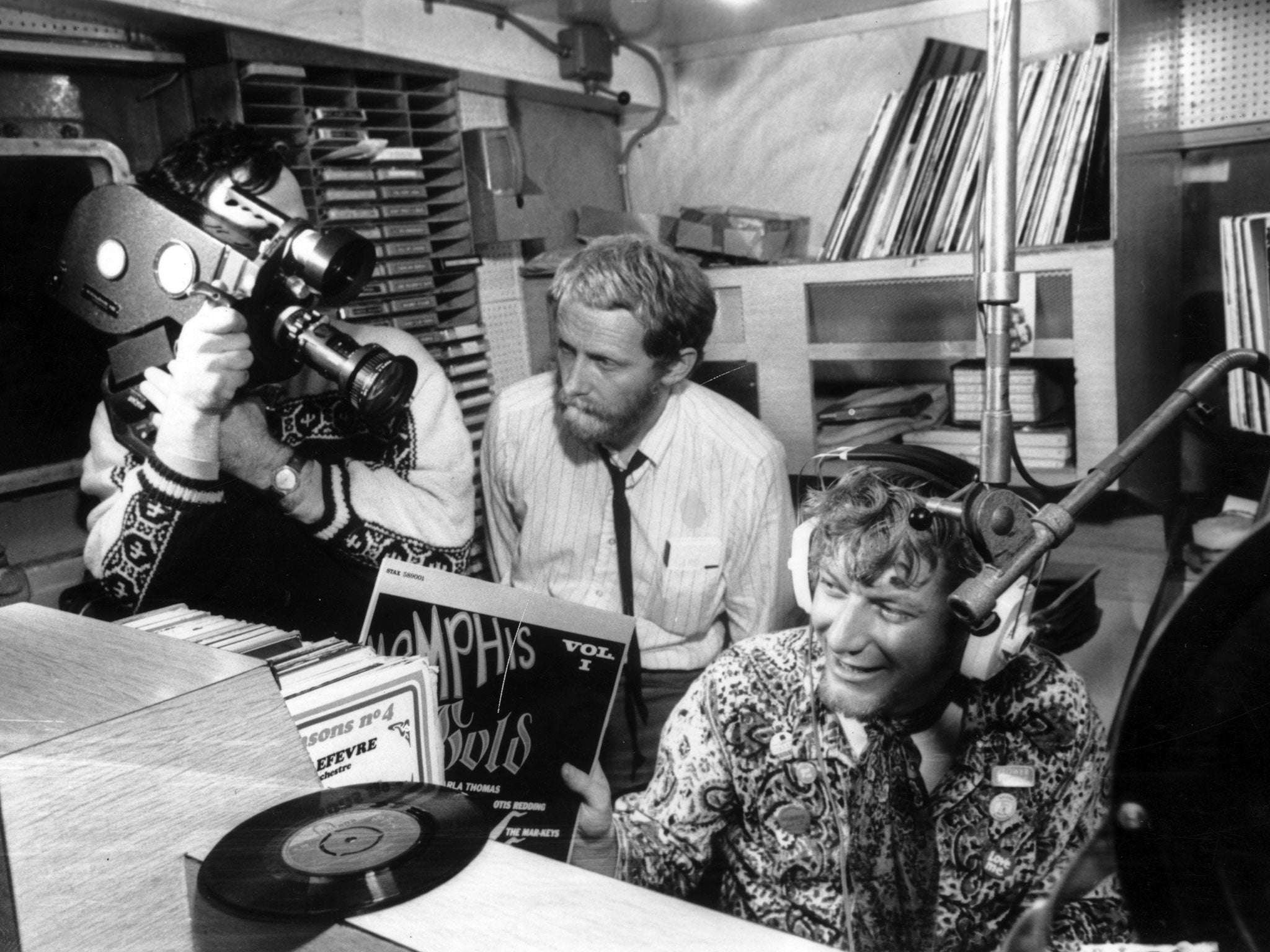 The 'World in Action' team making a program about the pirate radio ship Caroline, filmed on board in 1967