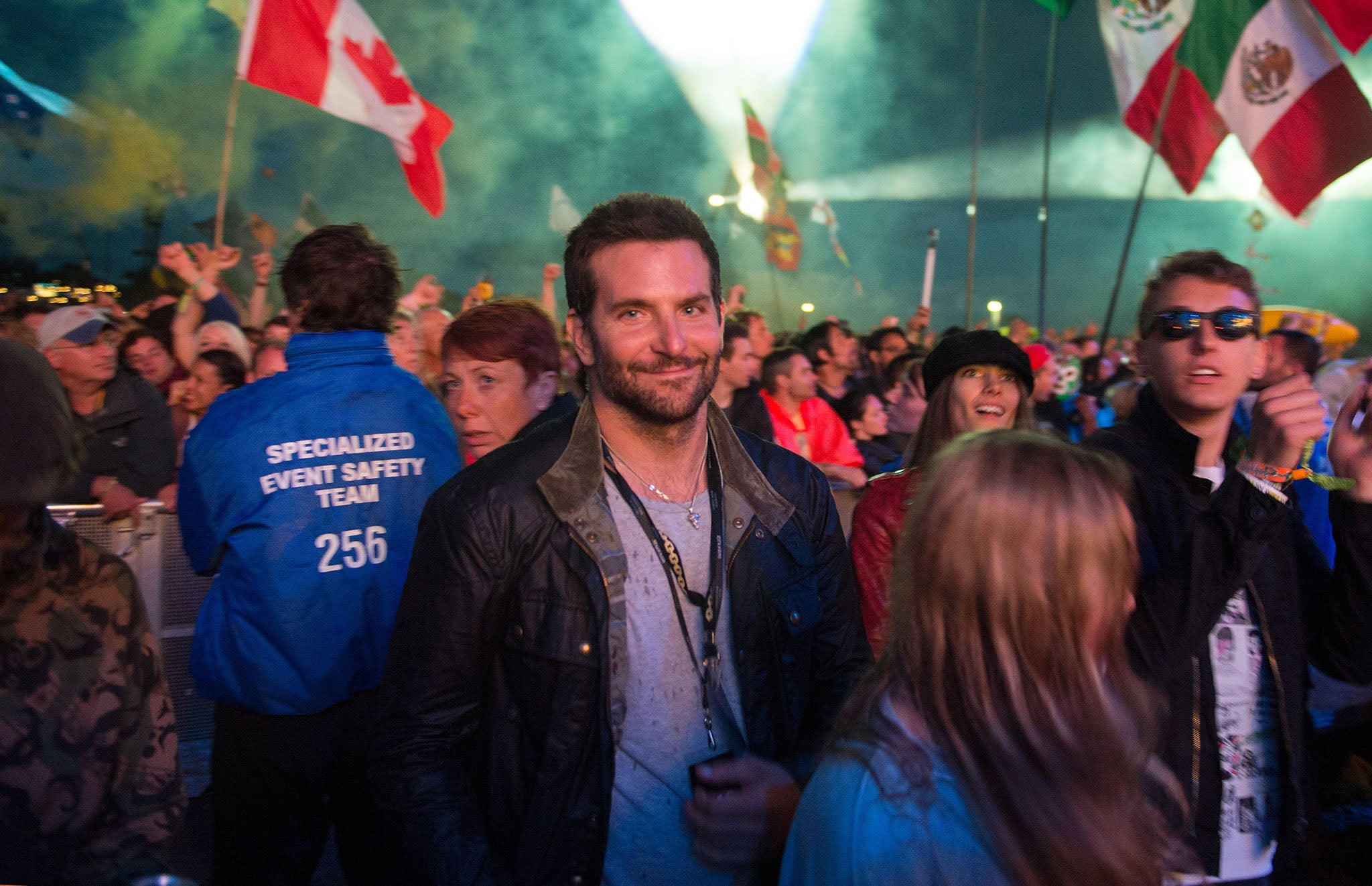 Bradley Cooper rocks out during the Metallica set at Glastonbury