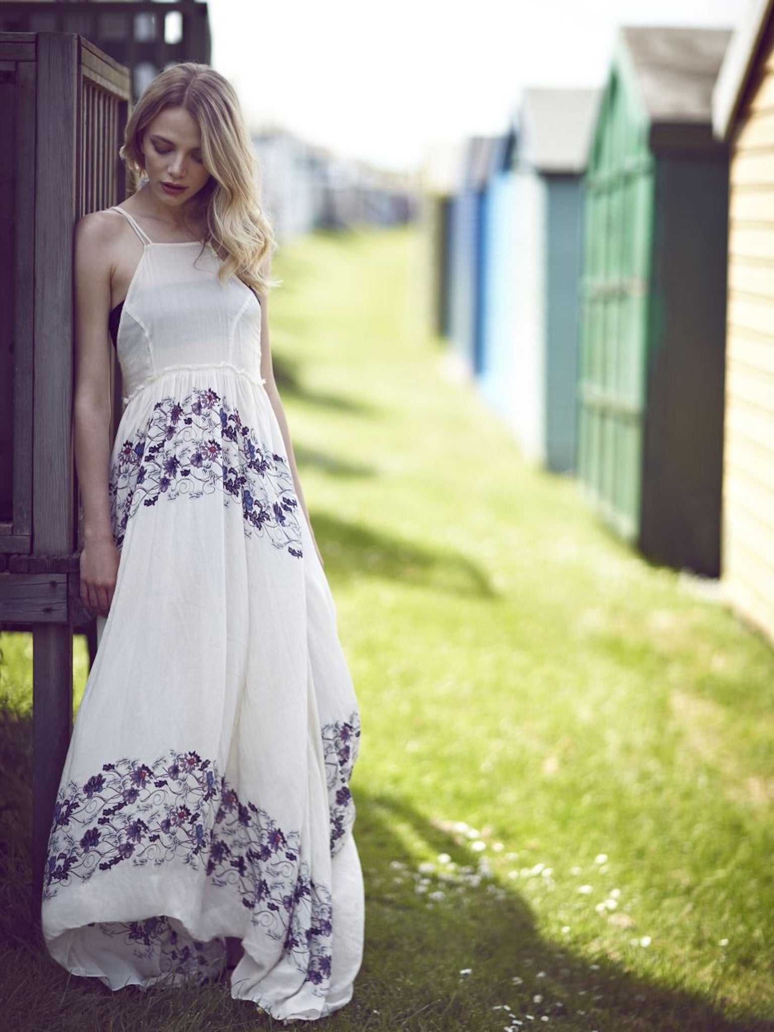 White maxi dress, £138, Free People, as before; black strapless bikini £30, Topshop