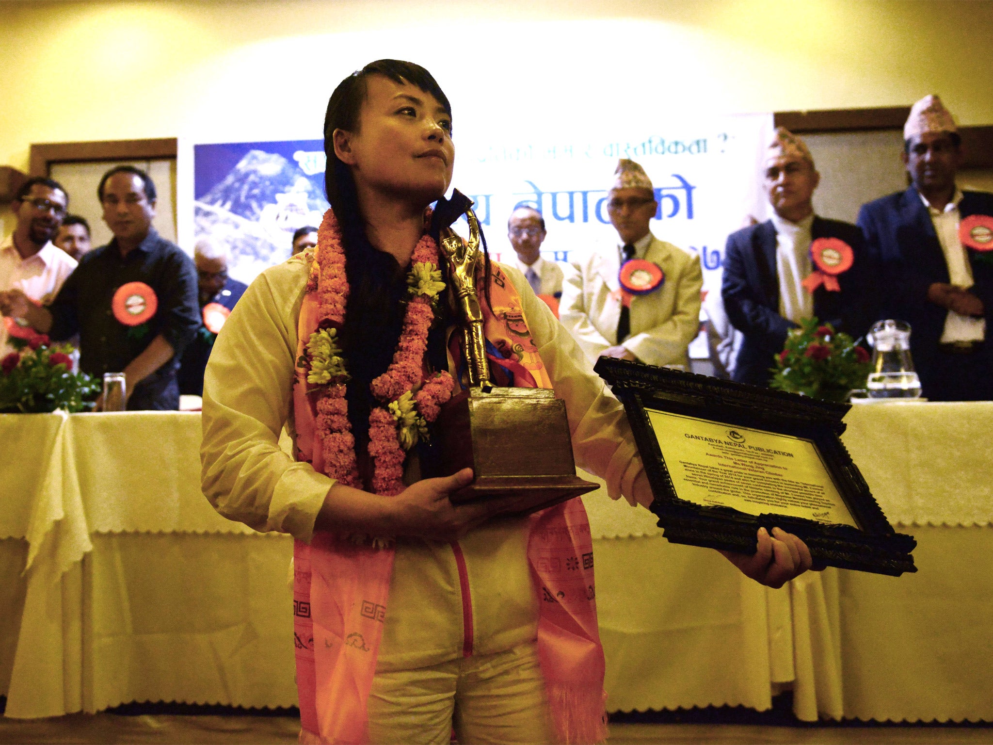 Chinese mountaineer Wang Jing during an event to celebrate her ascent, in Kathmandu on Monday