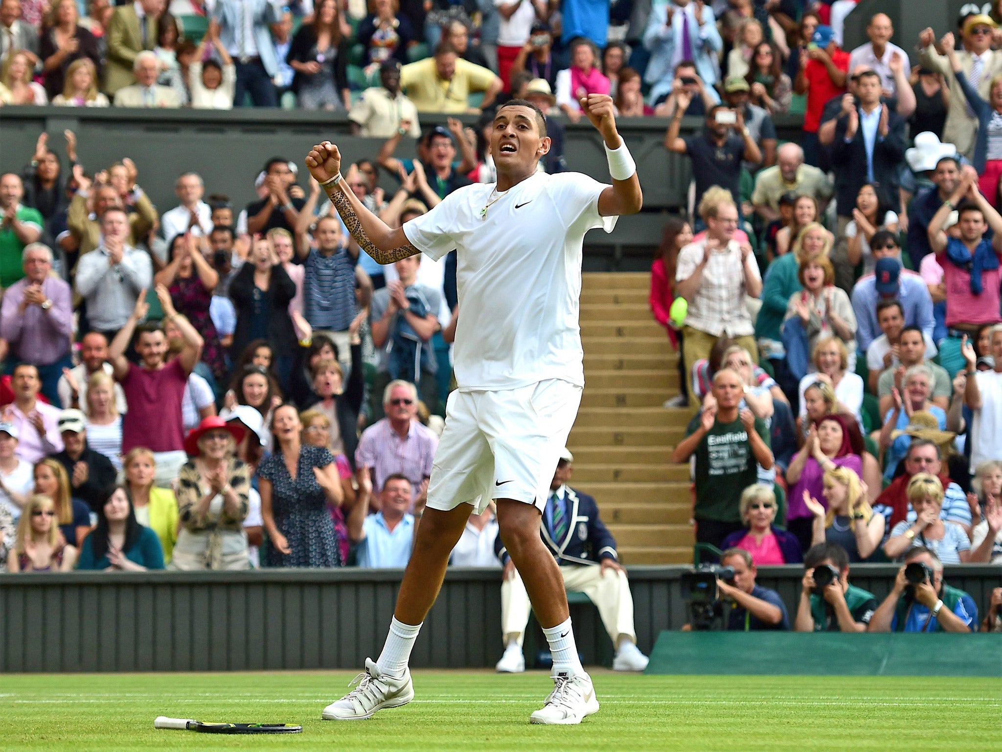 Australia’s Nick Kyrgios celebrates winning his men’s singles fourth round match against Spain’s Rafael Nadal