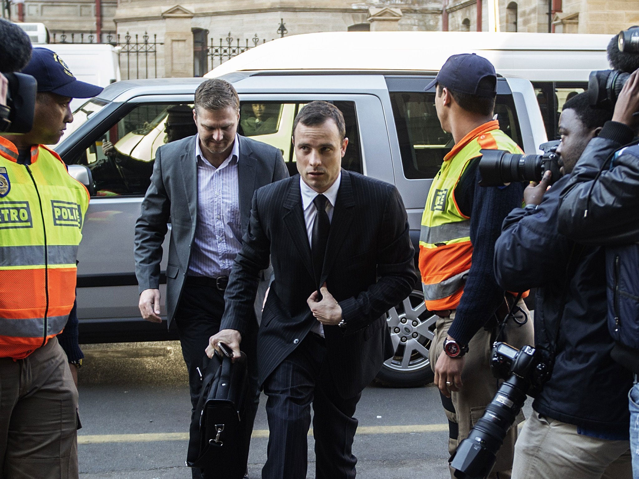 Oscar Pistorius arrives at the High Court in Pretoria