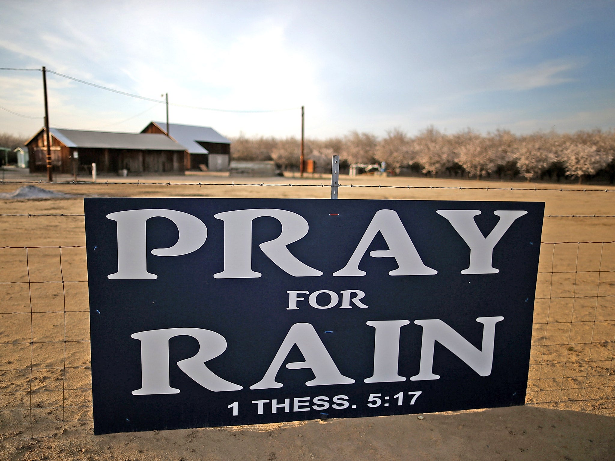 The plight of California’s farmers is evident from this sign put up near an almond farm in Turlock, about 180km east of San Francisco