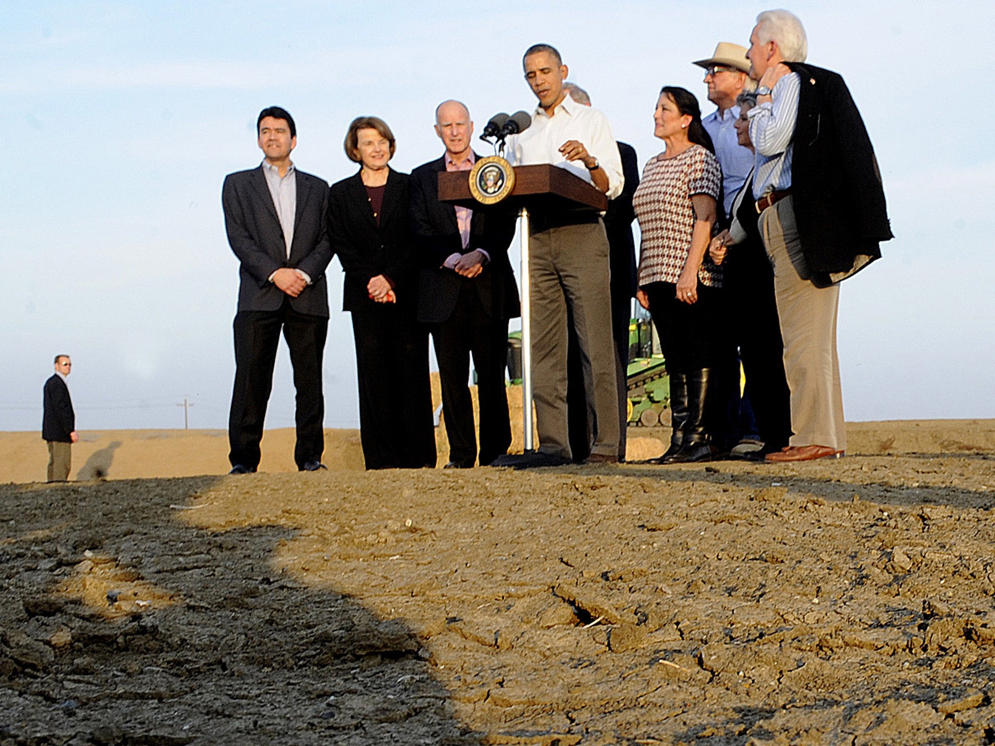 President Barack Obama speaks to the media on California's drought situation in Los Banos, earlier this year (Getty)