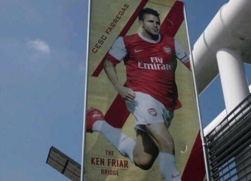 The Cesc Fabregas banner on the Ken Friar Bridge banner before it was removed. One still remains on the Danny Fiszman Bridge