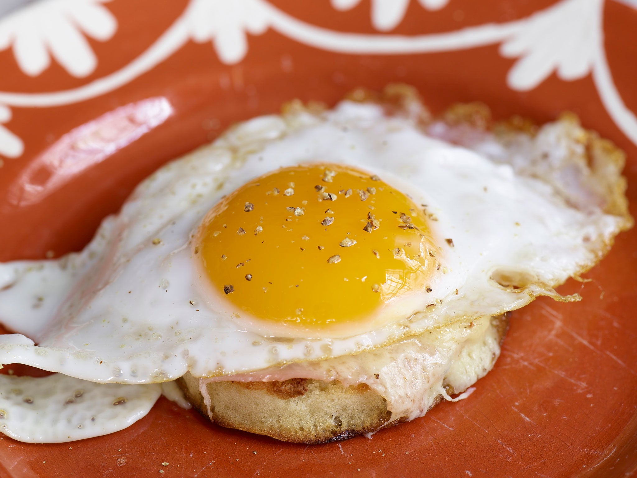 Black Cow and ham crumpet with a fried duck egg