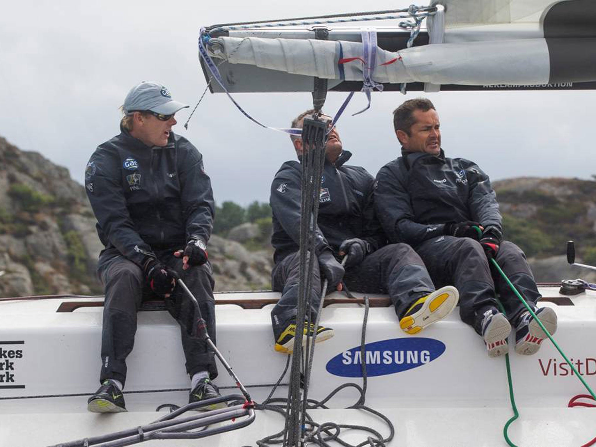 Britain’s Ian Williams (left) and GAC Pindar crew Gerry Mitchell (centre) and Chris Main sit at 1-1 in the semi-final of the Stena Match Cup in Marstrand, Sweden